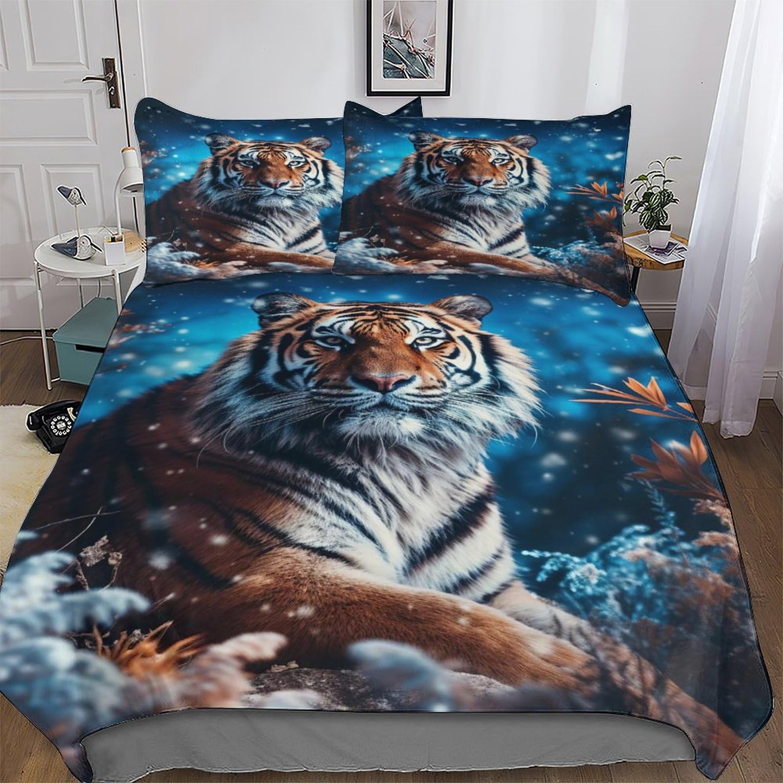 LLXXHH Tiger Duvet Cover Set with Pillowcases Printed Bedding Set Comforter Cover 3 Pieces Soft Microfiber Quilt Cover Double (200x200cm)