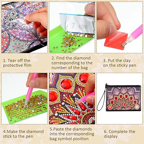Miniatura 3 de Silkfly 6 piezas de bolsos de pintura de diamante, bolso de mano con diamantes para bricolaje, bolsas de pintura de piel sintética, cartera de