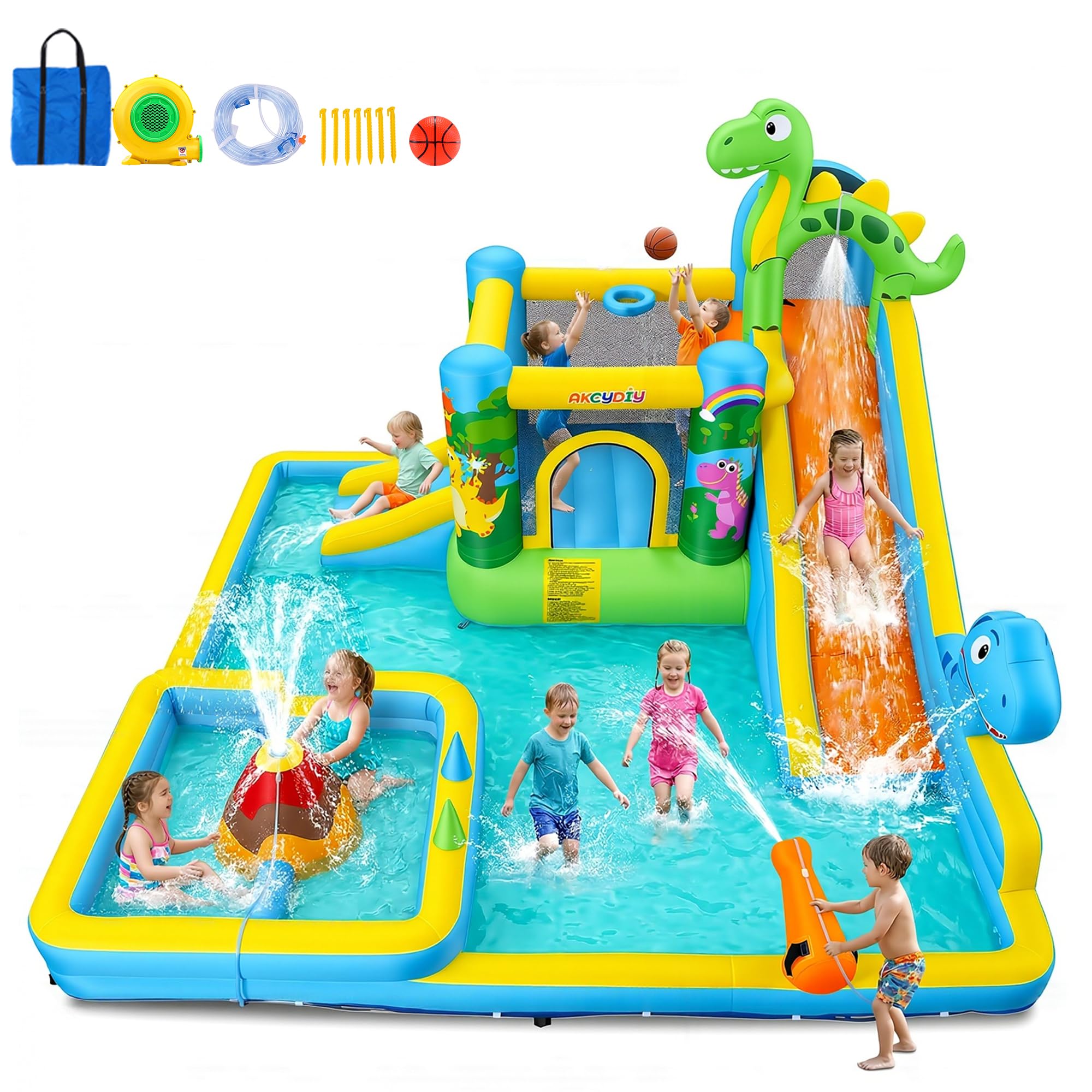 Tobogán acuático Inflable Castillo Hinchable con soplador para niños de 3 años + años, tobogán seco/acuático, Dinosaurios con 2 toboganes, Piscina Infantil y Piscina, Canasta de Baloncesto, cañón de