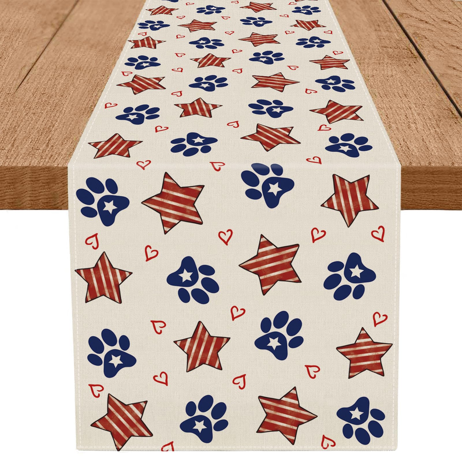 QIONG MENG 4th of July Table Runner Dog Paw Stars Heart Memorial Day Independence Day Patriotic Decorations Kitchen Dining Table Home Decor 13x90 Inch