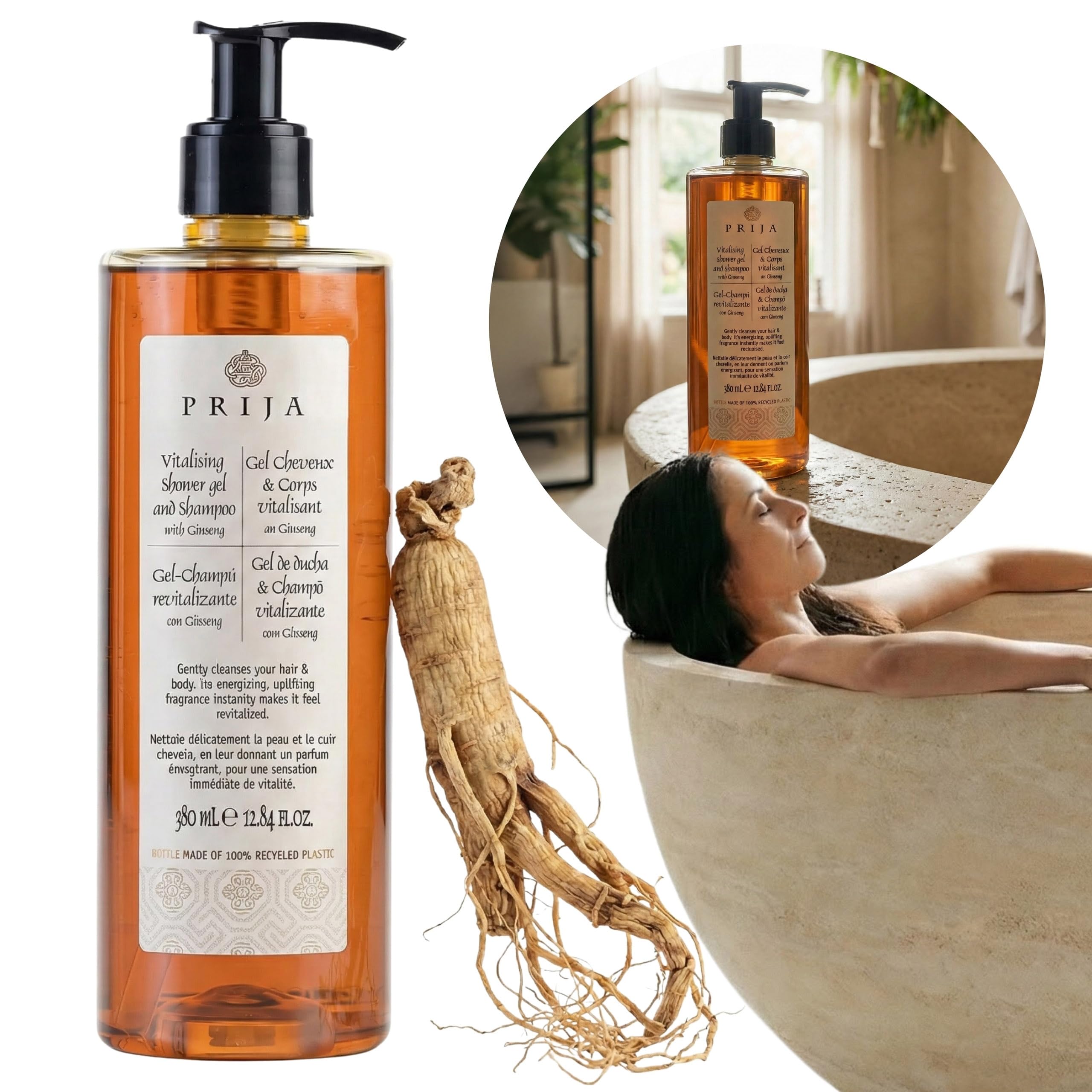PRIJA Champú-gel de ducha líquido 2 en 1 con extracto de ginseng, con dosificador, vegano (18x380ml)