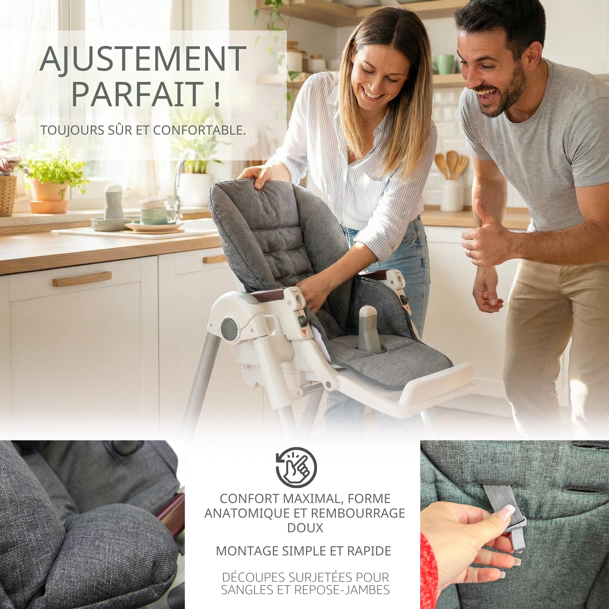 Housse de rechange pour coussin d'assise [Housse pour chaise haute] compatible avec Peg Perego Prima Pappa DINER (gris foncé chiné)