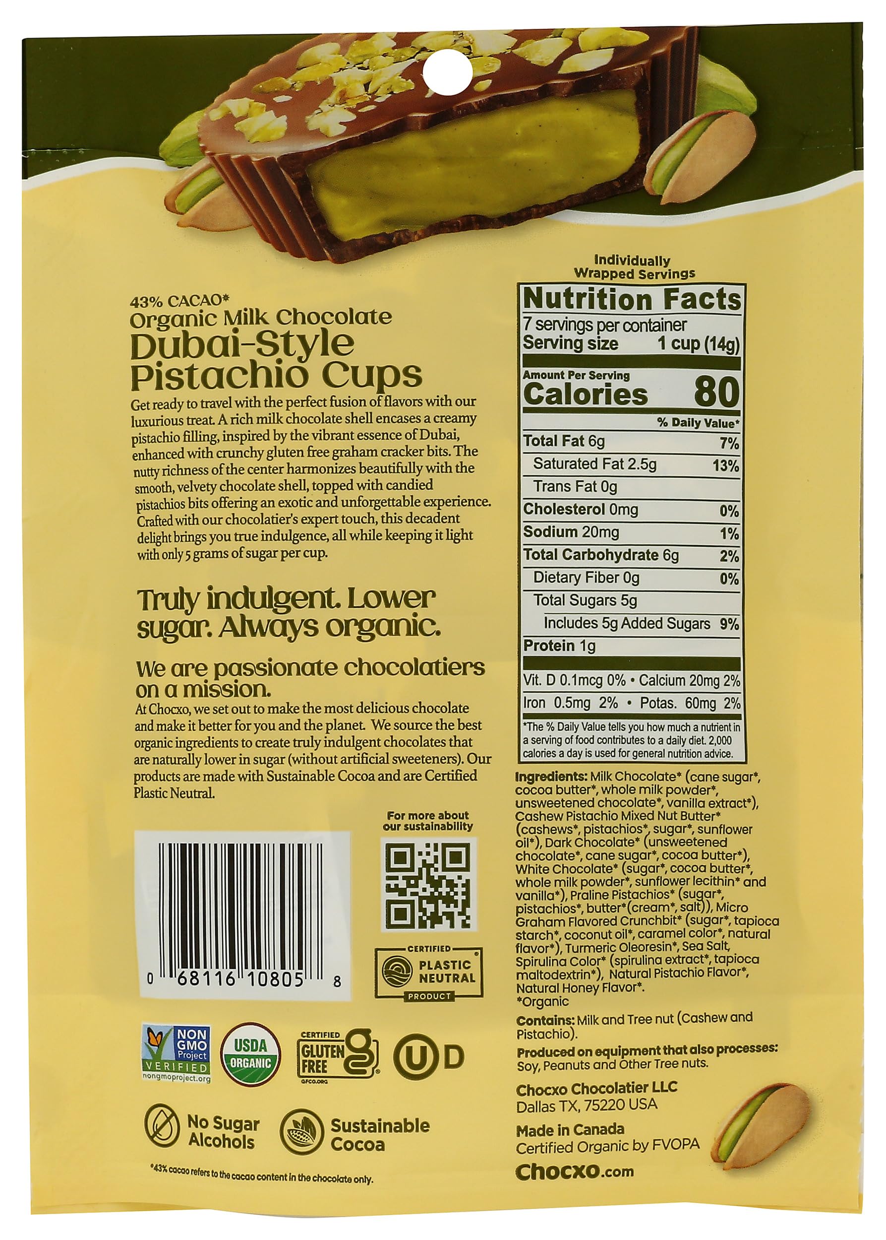 Chocxo Organic Dubai Style Pistachio Cups, 3.45 Ounce | Grocery