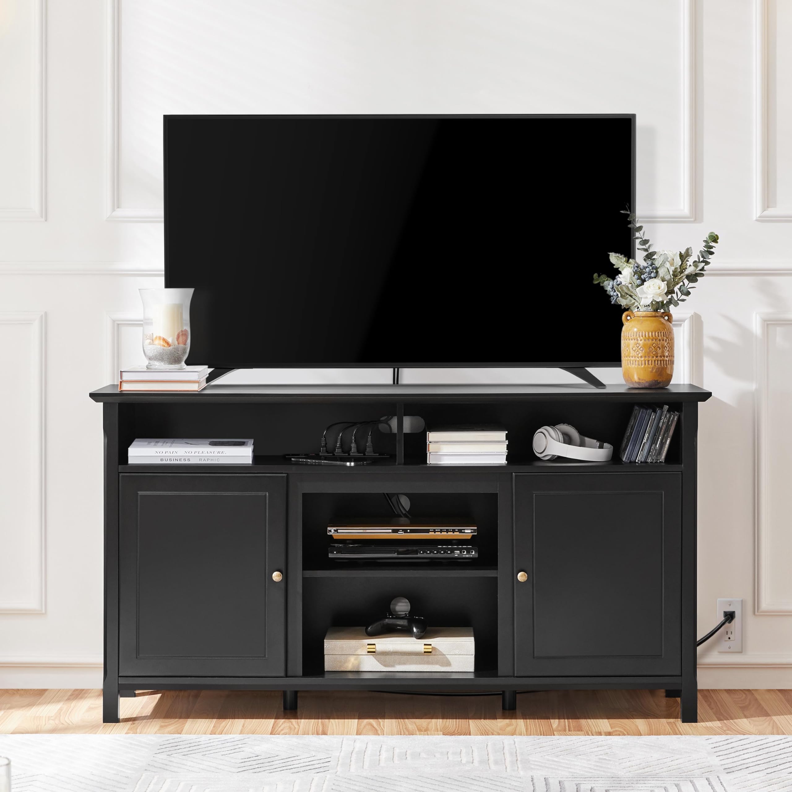 Yaheetech Black TV Stand with Doors for TVs up to 65 in, Modern TV Console with Power Outlet & Storage Shelf, Mid-Century Entertainment Center for Living Room, 31 in Tall