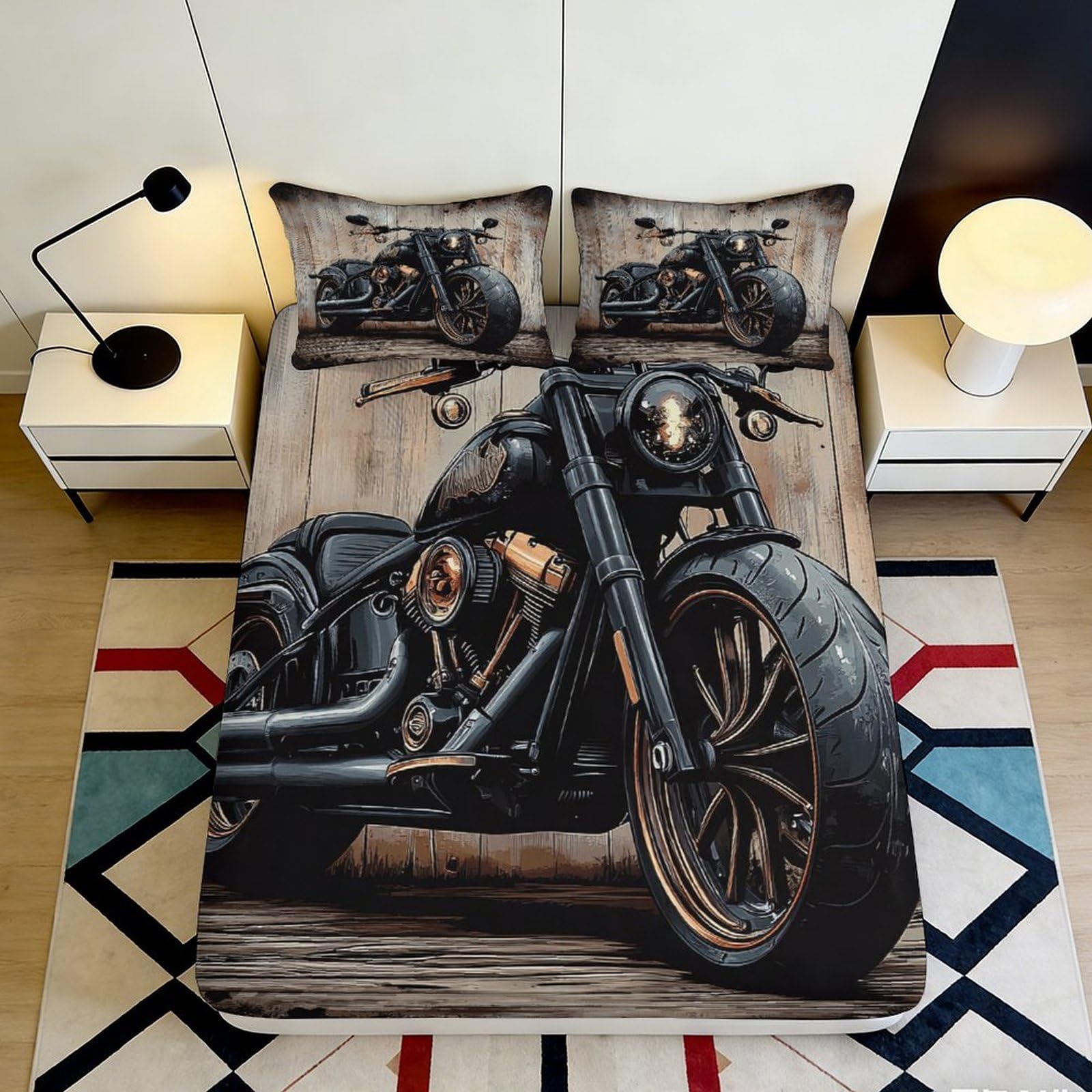 Decorative Motorcycle Fitted Sheet 3D Printed Microfiber, Soft Touch, Bed Cover for Bedroom, Guest Room Bedding, Easy Care, Anti-Slip, Stylish Accent, Dustproof, 120x200cm 90x200x25cm