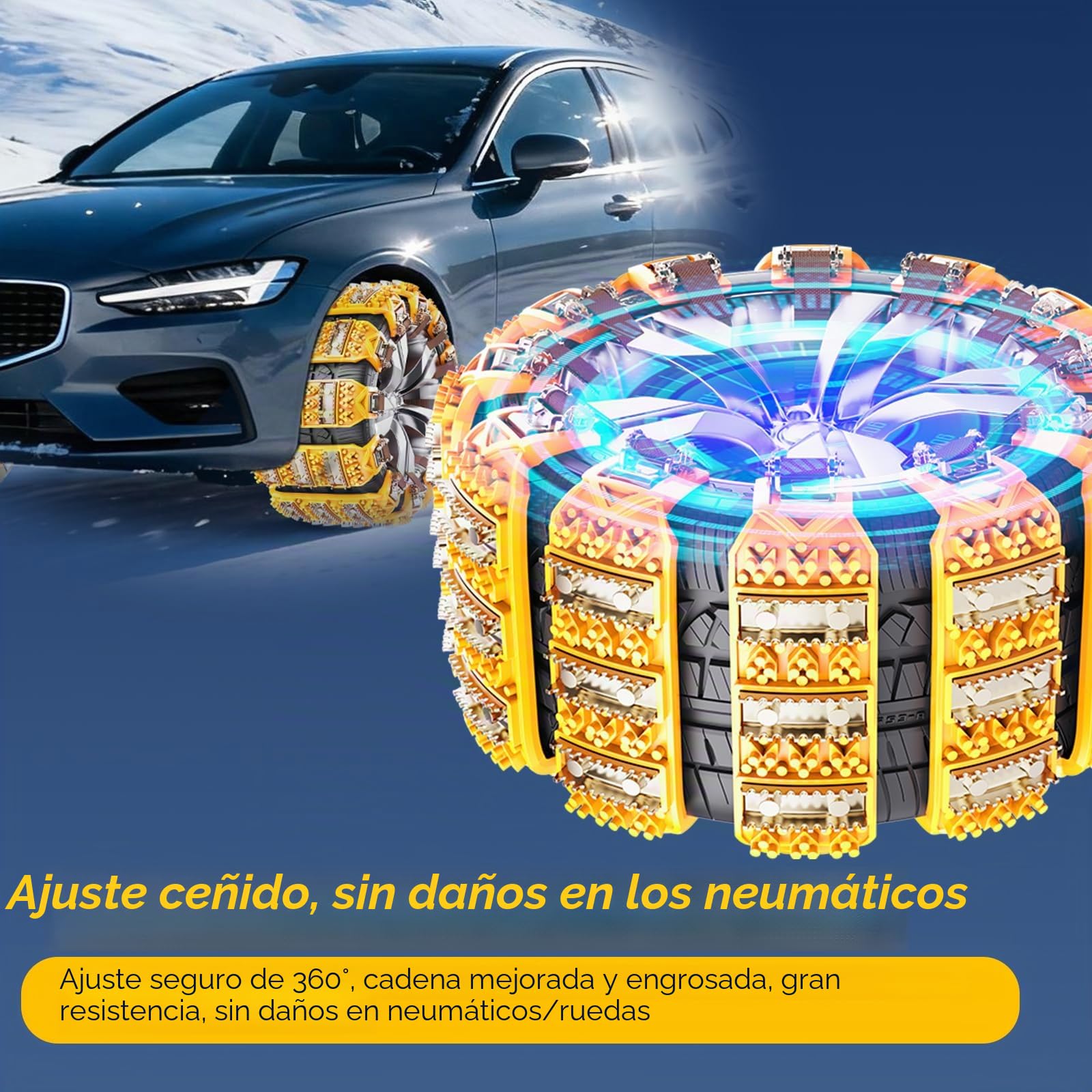 Cadenas de nieve 8 piezas antideslizantes y ajustables para neumáticos de 165-255 mm - Fácil de instalar, con púas, para coche, SUV, camión (Amarillo)