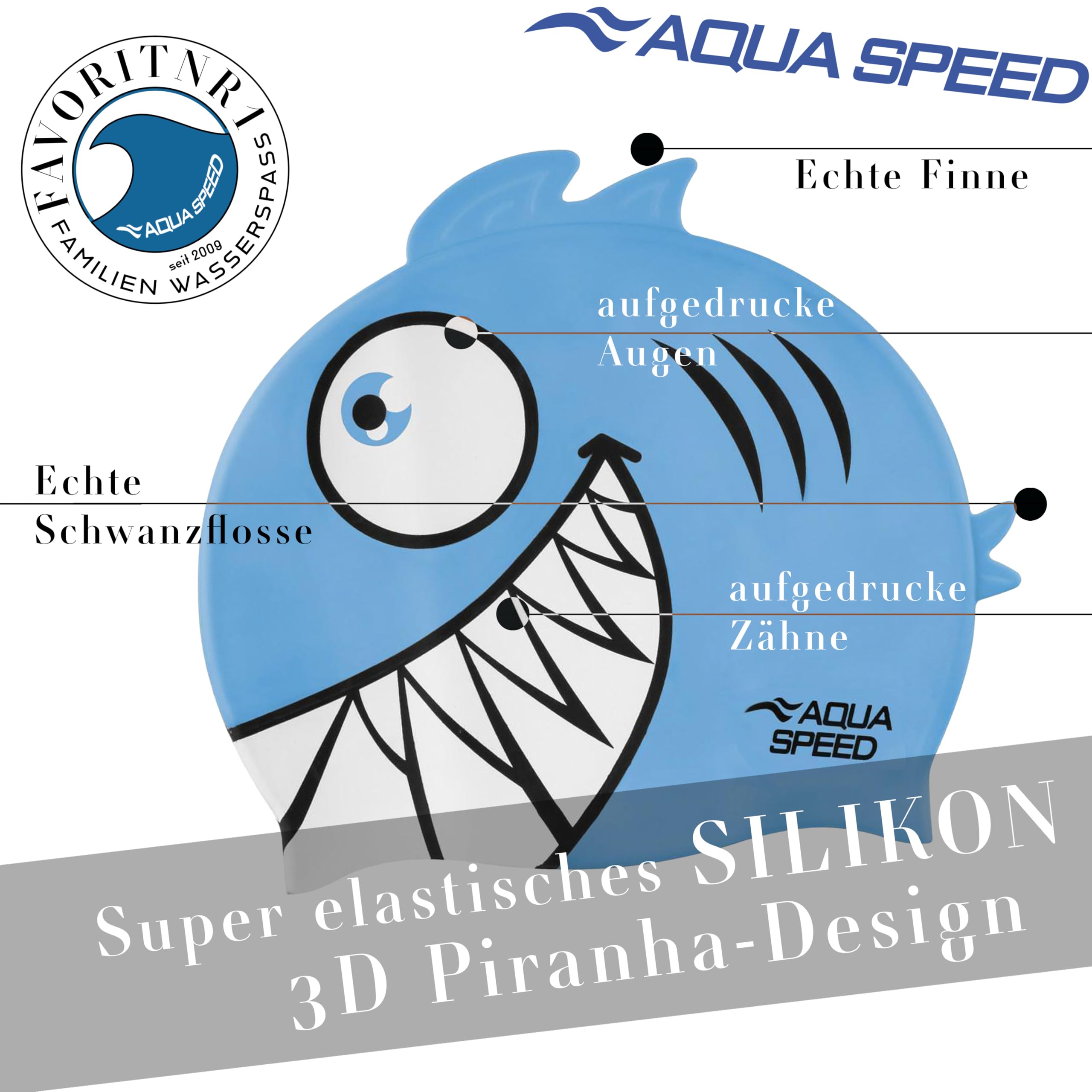 Aqua-Speed - Shark Bonnet de Bain pour Enfants | Silicone | Natation | Flexible | Requin