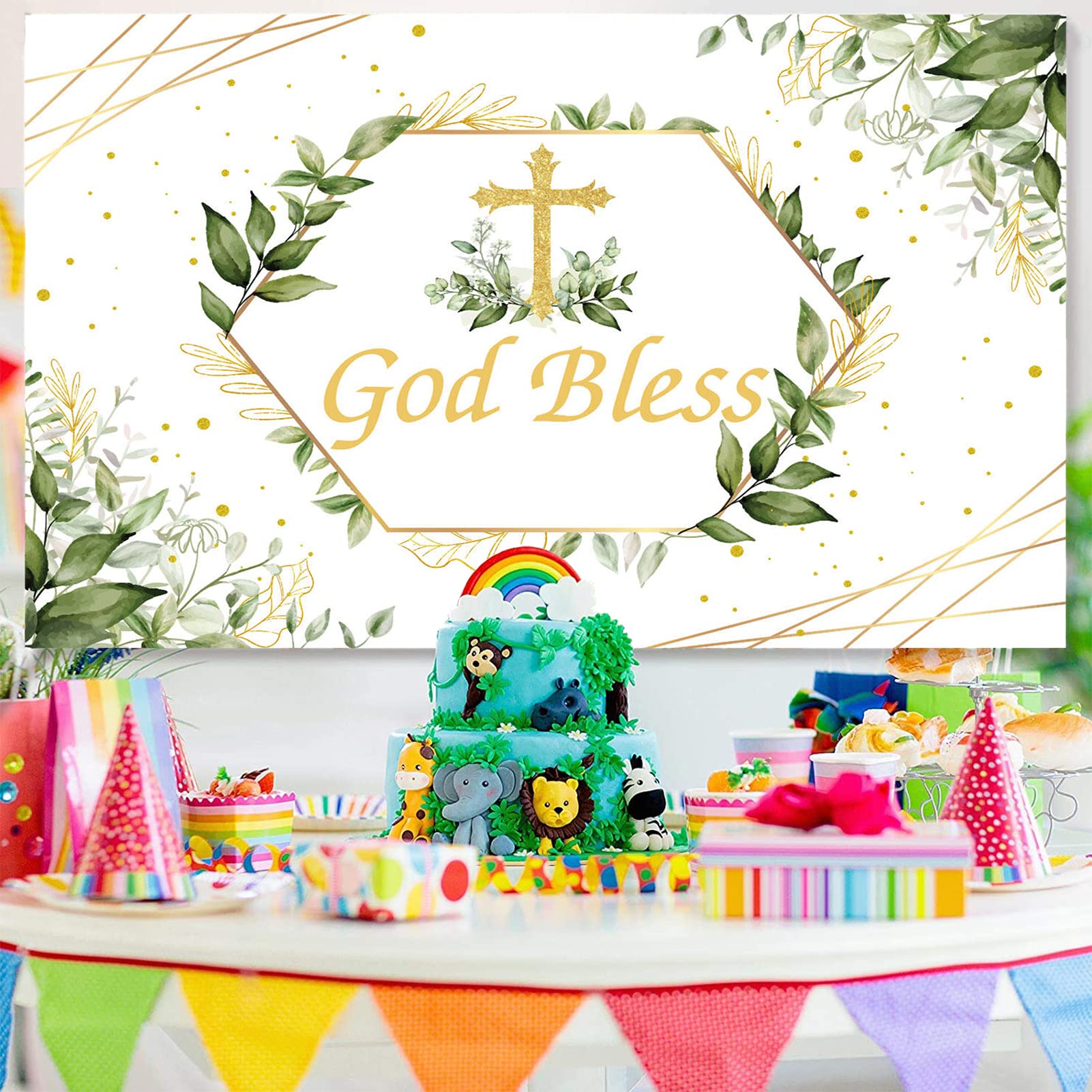 Fotohintergrund "God Bless" Für Erstkommunion & Taufe - 2,1x1,5 M, Blau-weißes Wolken-Aquarell Mit Kreuz, Für Partys & Fotoshootings