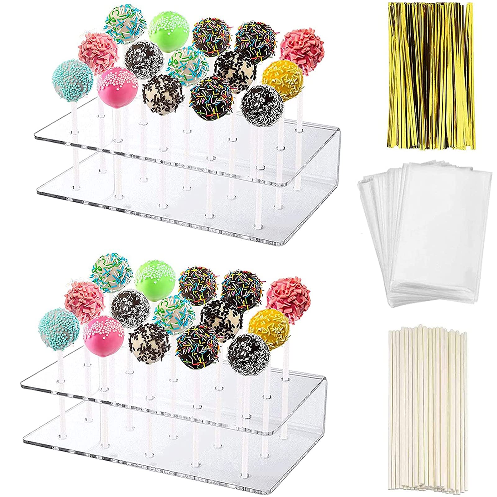 2 Packs Acrylic Lollipop Holder Acrylic Cake Pop Stand Display Cake Pop Holder 100PCS Lollipop Sticks 100PCS Clear Treats Bags and 100PCS Gold Metallic Twist Ties for Candy Cake Pop Making Tools (2)