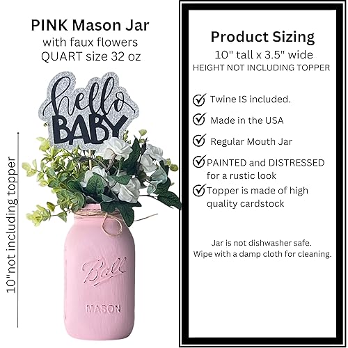 Miniatura 8 de Pink Mason Jars - Hand Painted Distressed Mason Jar, QUART 32 oz. Regular Mouth, Rustic Farmhouse Mason Jar With Twine, Pink Flower Vase, Baby