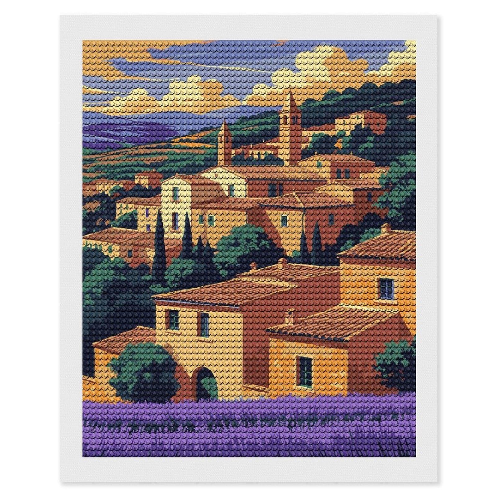 Junmoney Picturesque Village Landscape with Lavender Field Diamond Painting Canvas Set 16"x20", for Women, Pleasing Wall Art Project, Aesthetic Room Decor, Gift Idea