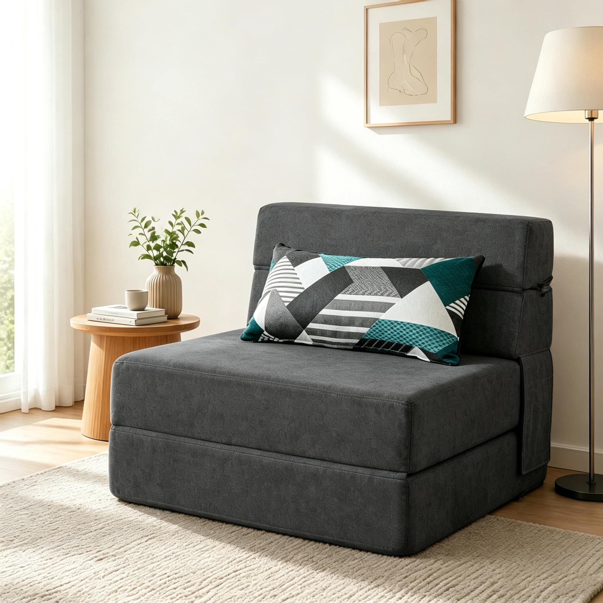 Foling Sofa Bed Convertible Sleeper Chair, Fold Out Chair Bed with Pillow | Modern Memory Foam Floor Futon Couch Dark Gray, Single Size