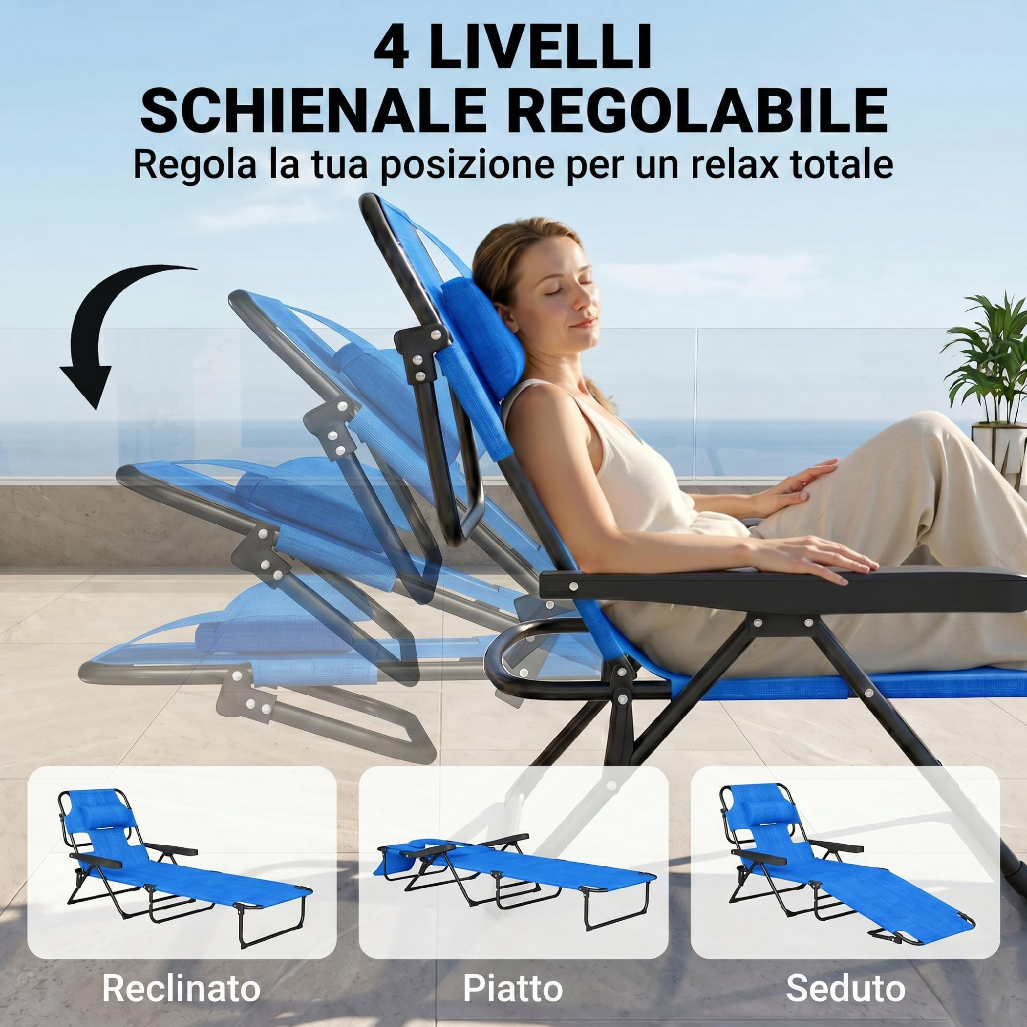 Outsunny Lettino da Sole Schienale Regolabile Sdraio Pieghevole Blu Scuro | a 4 Livelli, con Cuscino, Foro per il Viso, Tessuto Traspirante, Struttura in Acciaio