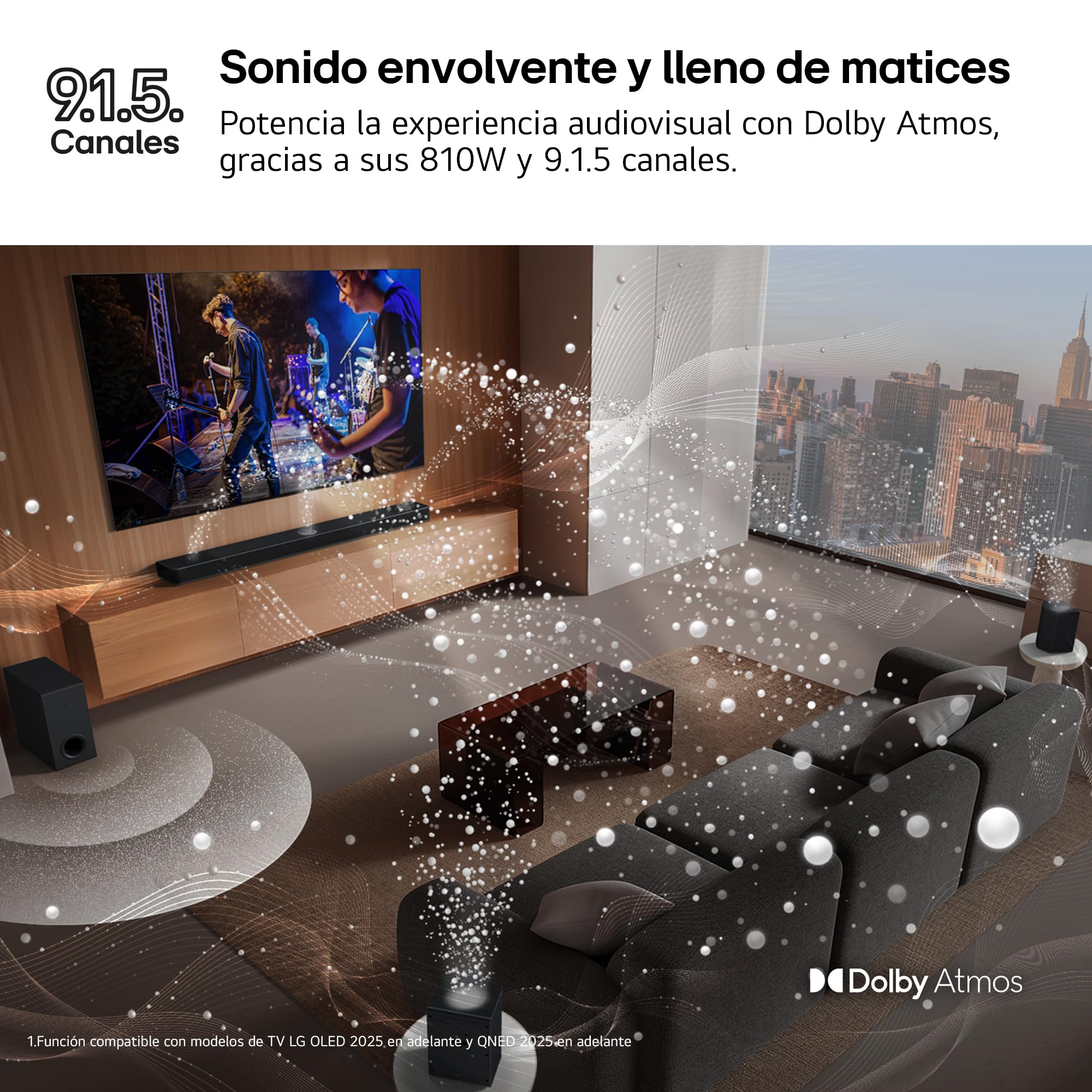 LG S95AR Sound Bar 9.1.5 z Dolby Atmos i DTS: X, moc 810 W, bezprzewodowy subwoofer i tylne głośniki, dźwięk wysokiej rozdzielczości (Hi-Res), Bluetooth, AI Ready, czarny