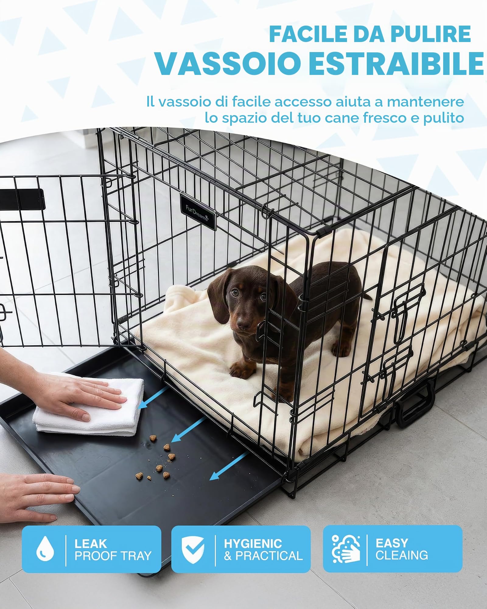 Gabbia per cani 107x68.5x77cm – gabbia pieghevole in metallo con due porte, vassoio in plastica anti morso e maniglia da trasporto – perfetto per l’addestramento dei cuccioli