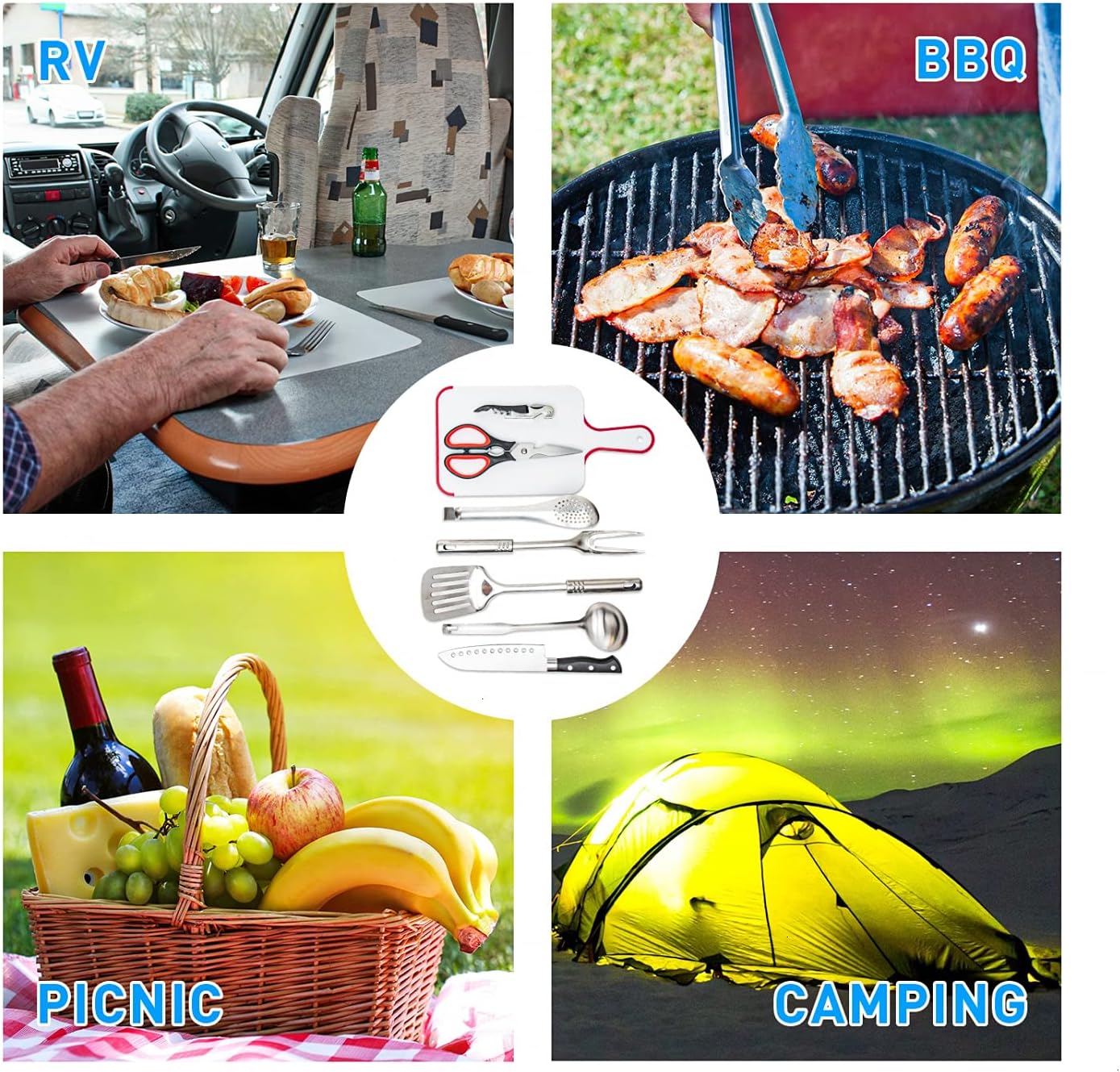 Gonioa Portable Outdoor Utensil Kitchen Set, 9 Piece Camp Kitchen Cooking Utensil Set, Cookware Equipment Kit and Chopping Board, Scissors & Camp Knife, Grill Supplies or Camping, Hiking, RV, Travel : Sports & Outdoors
