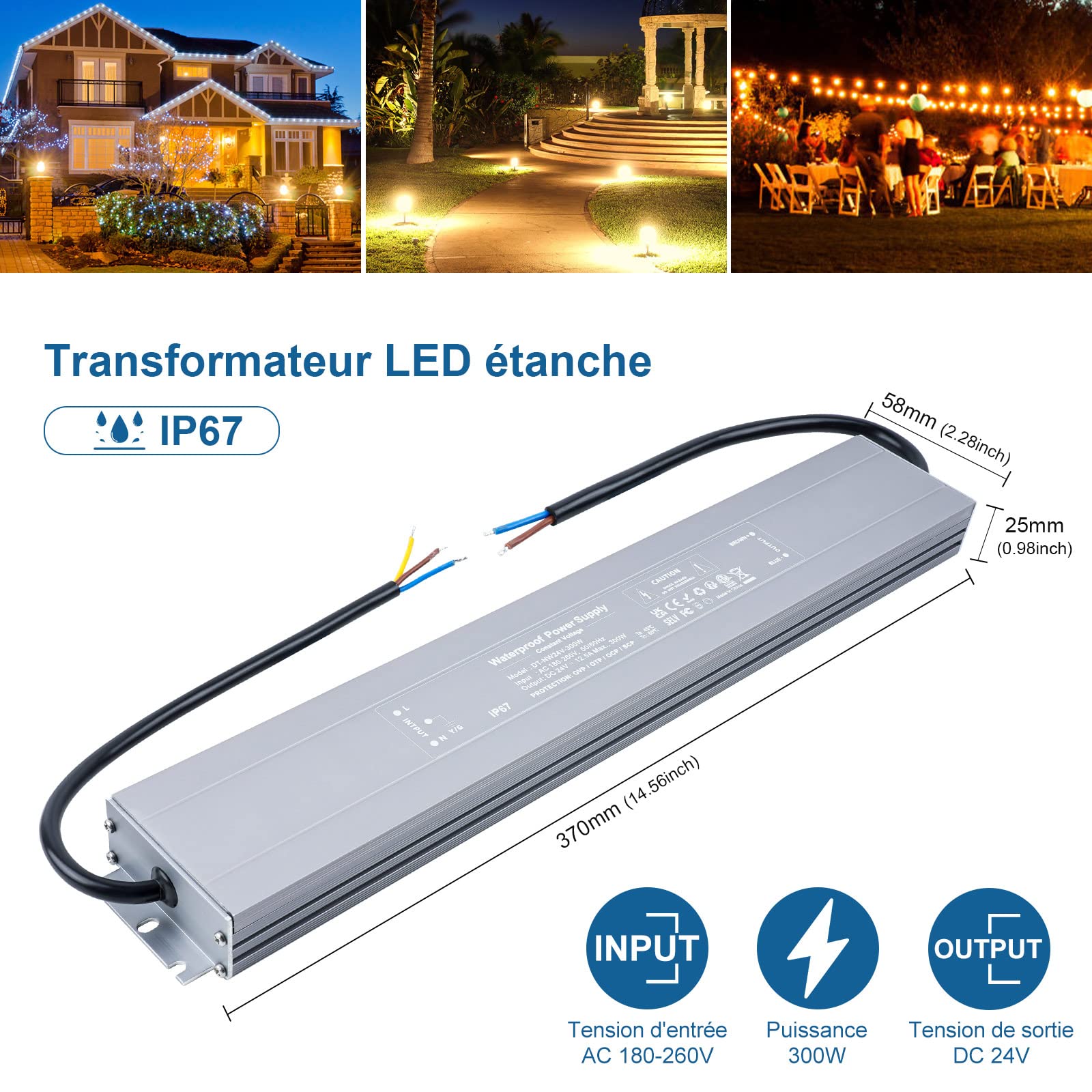 Transformateur LED 220V 24V 150W IP67 Étanche - Alimentation Driver LED Extérieur