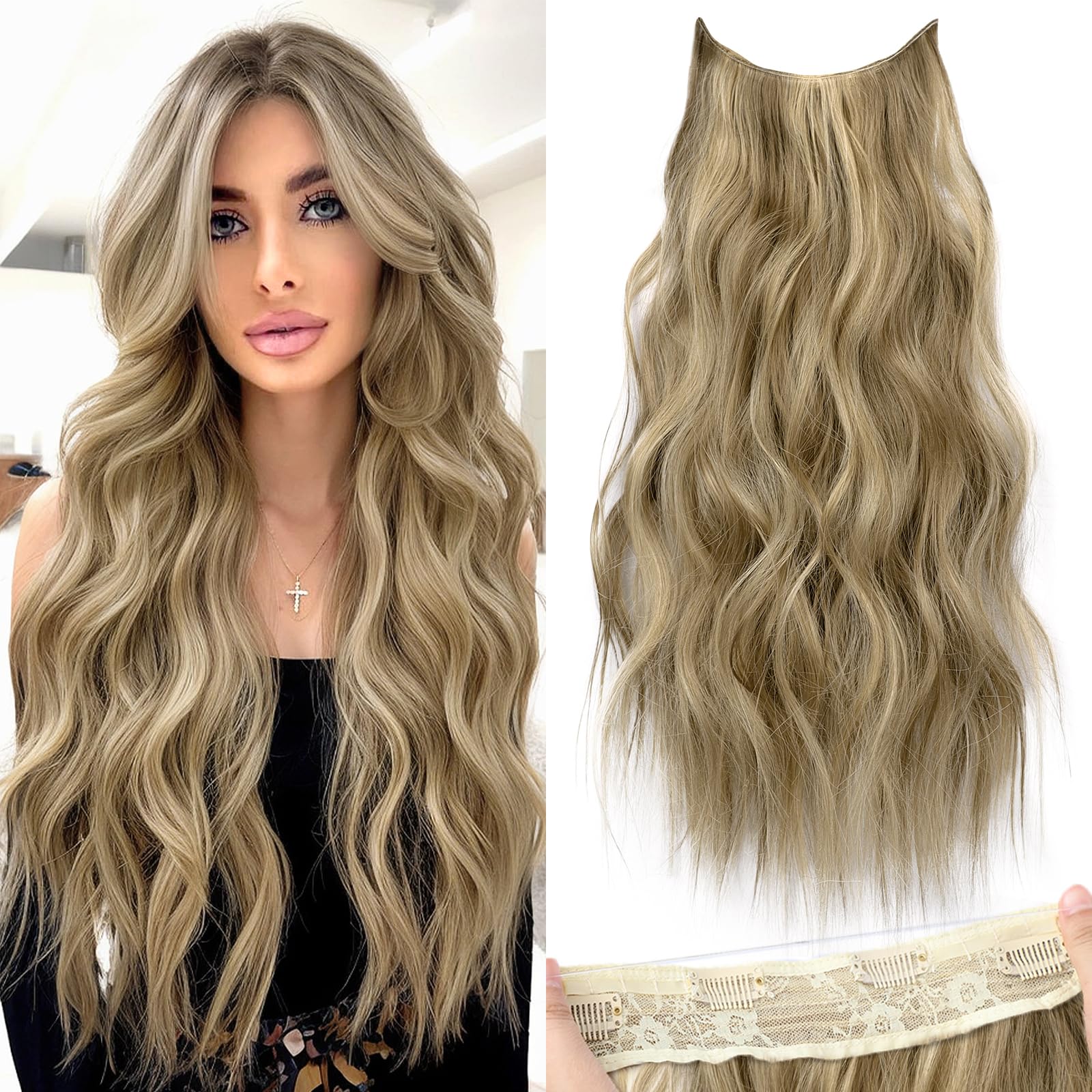 Photo 1 of KooKaStyle Invisible Wire Hair Extensions with Transparent Headband Adjustable Size 4 Secure Clips Long Wavy Secret Wire Hairpiece for Women(24Inch Light Brown mix Golden Blonde)