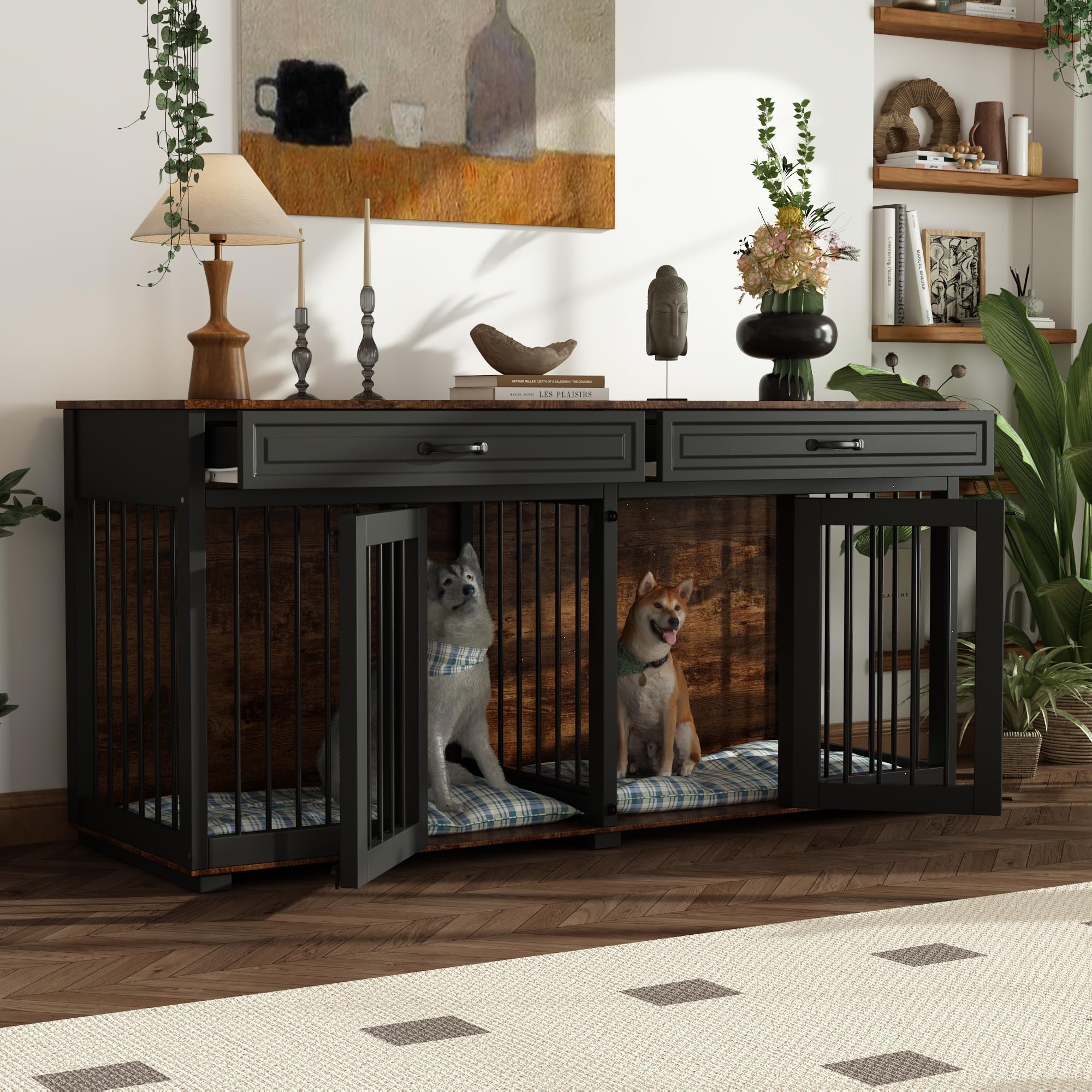 Hundekäfig Schrank XXL, Hundekäfig mit 2 Schubladen und 2 Türen, Hundebox für Zuhause Große/Mittlere Hunde,Beistelltisch, Hundehütte Indoor, Hundehaus für Zuhause, Schwarz, 164 x 60 x 80 cm, Eisen