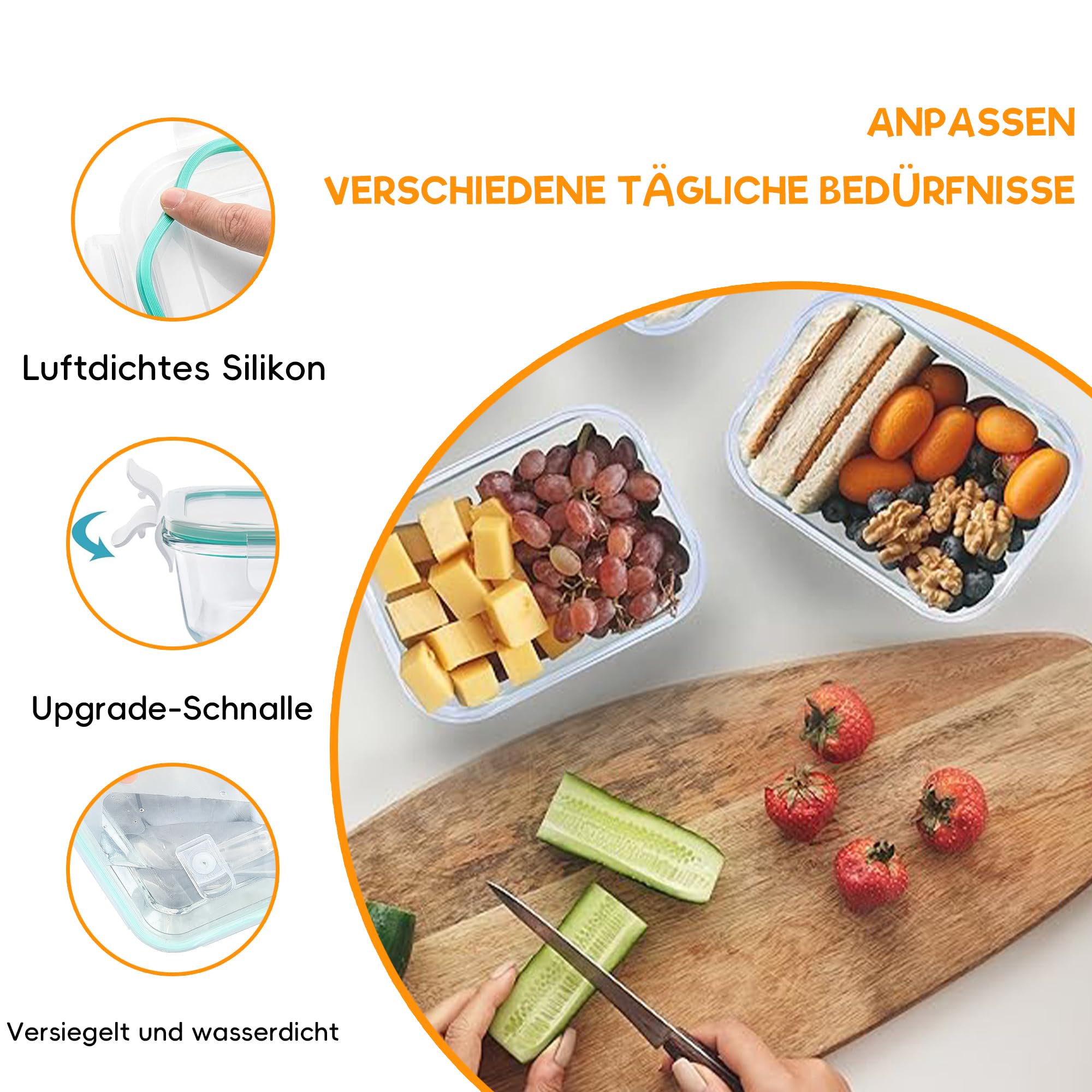LNWSN Meal Prep Boxen – 8x1040ML Frischhaltedosen | Glasschüssel Mit Deckel Aus Borosilikatglas | Mikrowellengeschirr Für Ofen/Gefrierschrank (-40°C~560°C) | 4-Punkt & LFGB/FDA