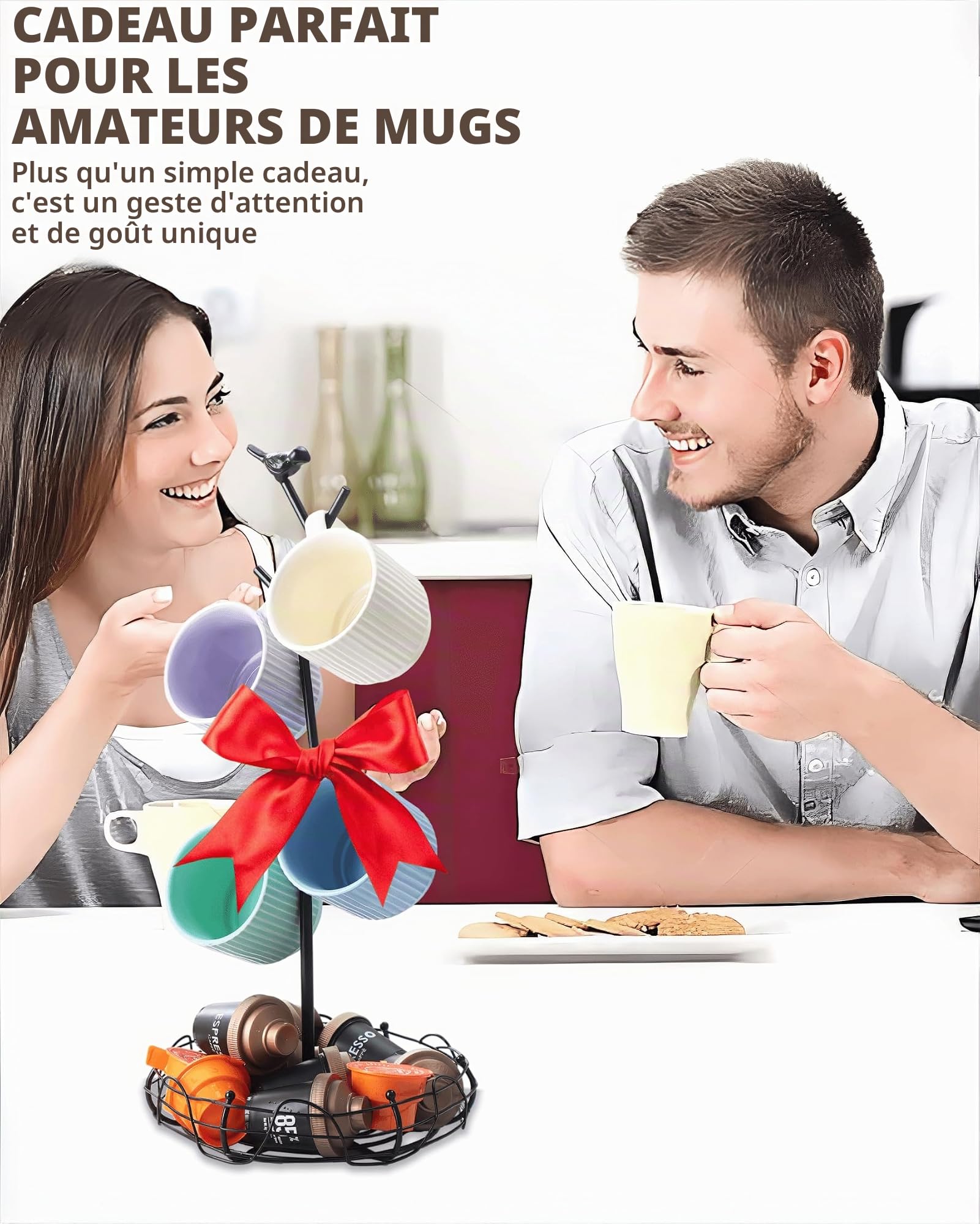 Porte-tasses décoratif pour comptoir | Arbre à tasses à café avec panier de rangement nid d'oiseau | Peut contenir 4 grandes tasses | Décoration de cuisine fantaisiste, accessoires de bar à café et