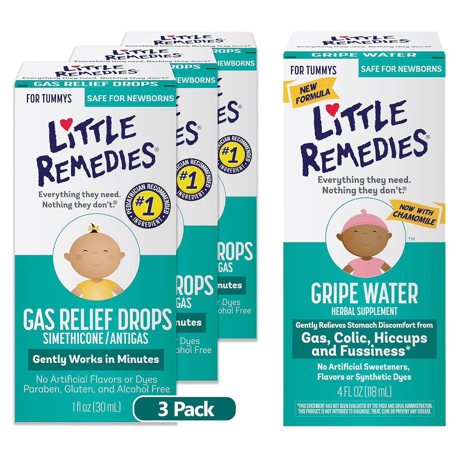 Little RemediesBaby Bundle; 1oz Natural Berry Flavor Gas Relief Drops, Pack of 3 & 4Fl Oz Gripe Water