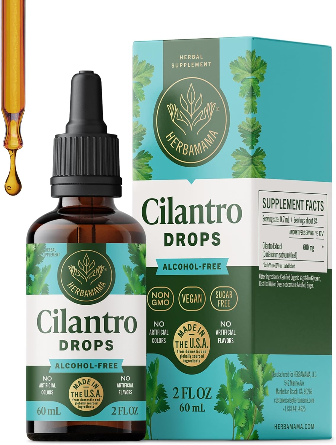 HERBAMAMA Cilantro Tincture - Vegan Cilantro Extract Drops Rich in Antioxidants for Natural Cleansing & Detox - Non-GMO, Alcohol & Sugar-Free Liquid Supplement, 28-Day Supply