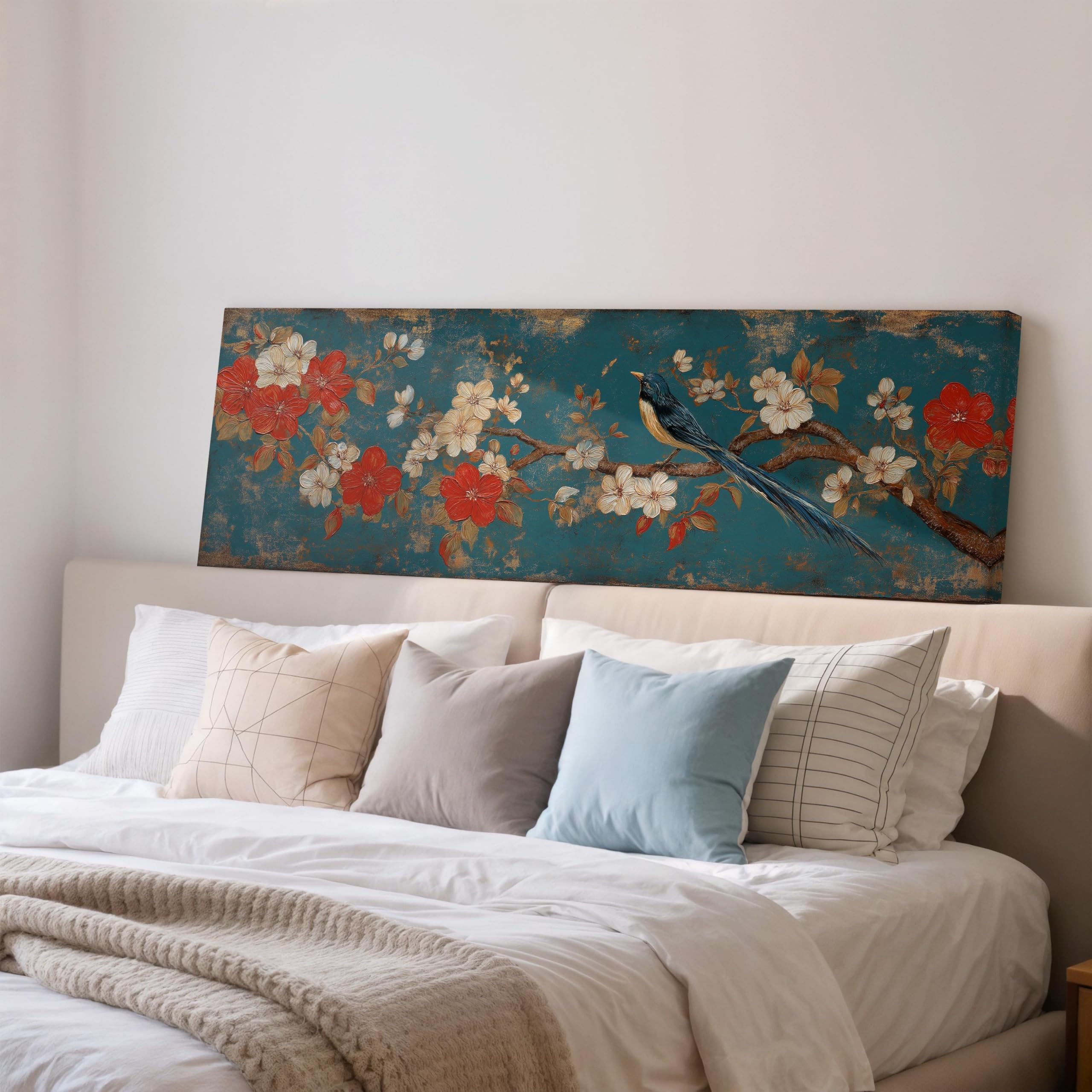 XINBAO Estampe japonaise vintage représentant un oiseau, toile panoramique, art mural horizontal chinoiserie, peinture de fleurs rouge turquoise ultra large (70 x 210 cm/sans cadre)