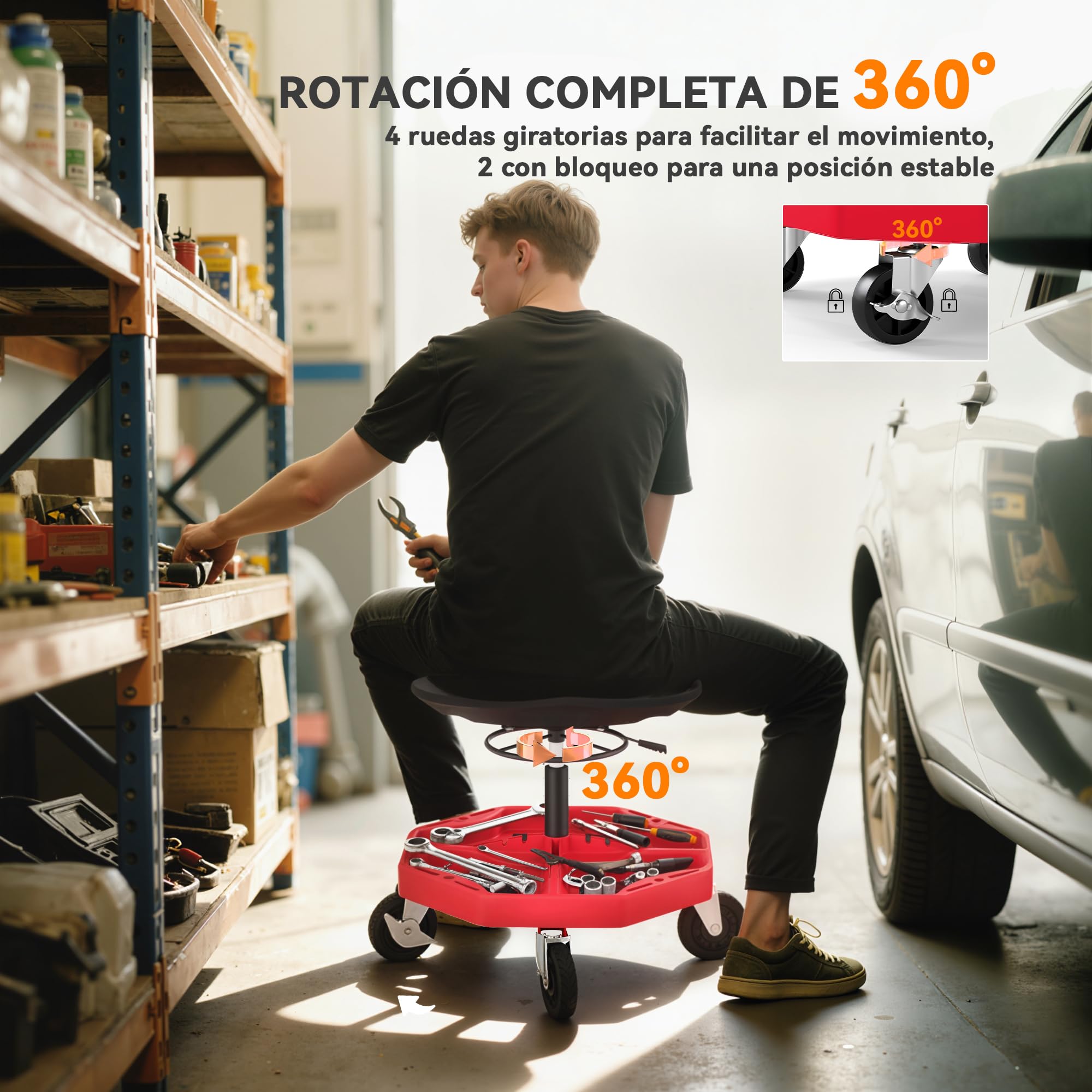 HOMCOM Sgabello da Officina Mobile con Vassoio Magnetico, Altezza Regolabile 52-59,5 cm, carico 135 kg, Sgabello da Meccanico con Ruote, per Garage, riparazioni automobilistiche, Rosso