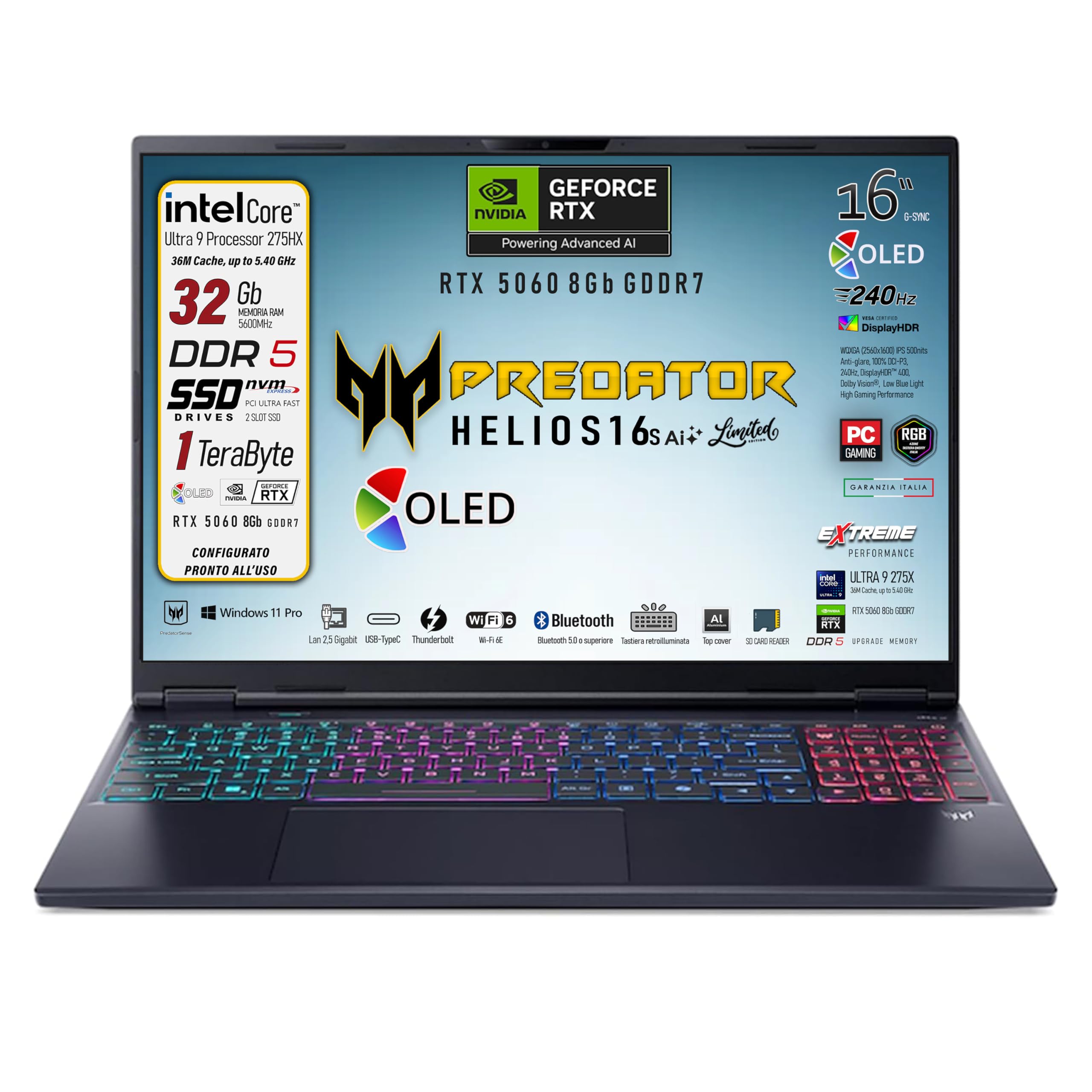 acer Predator Helios Neo 16s Ai, Notebook Gaming, Intel Ultra 9-275X, 24core, RAM DDR5 32Gb, SSD 1Tb, Display 16" Oled 240Hz, DCI-P3 100%, Geforce RTX 5060 8Gb, Win 11, Preconfigurato