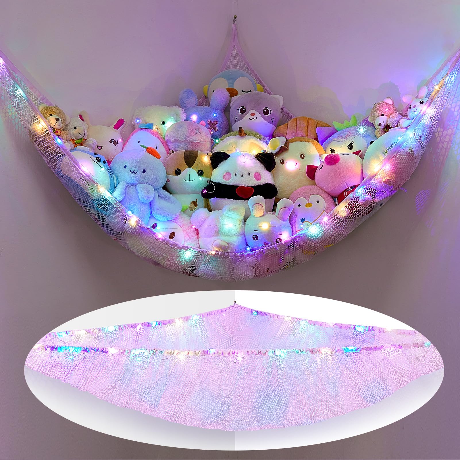 MHJY Toy Hammock for Stuffed Animals Soft Toy Storage Net with LED Light, Cuddly Toys Organizer Holder Large Corner Hanging Net Plush Macrame Kids Bedroom Nursery Furniture Room Decor — image 1