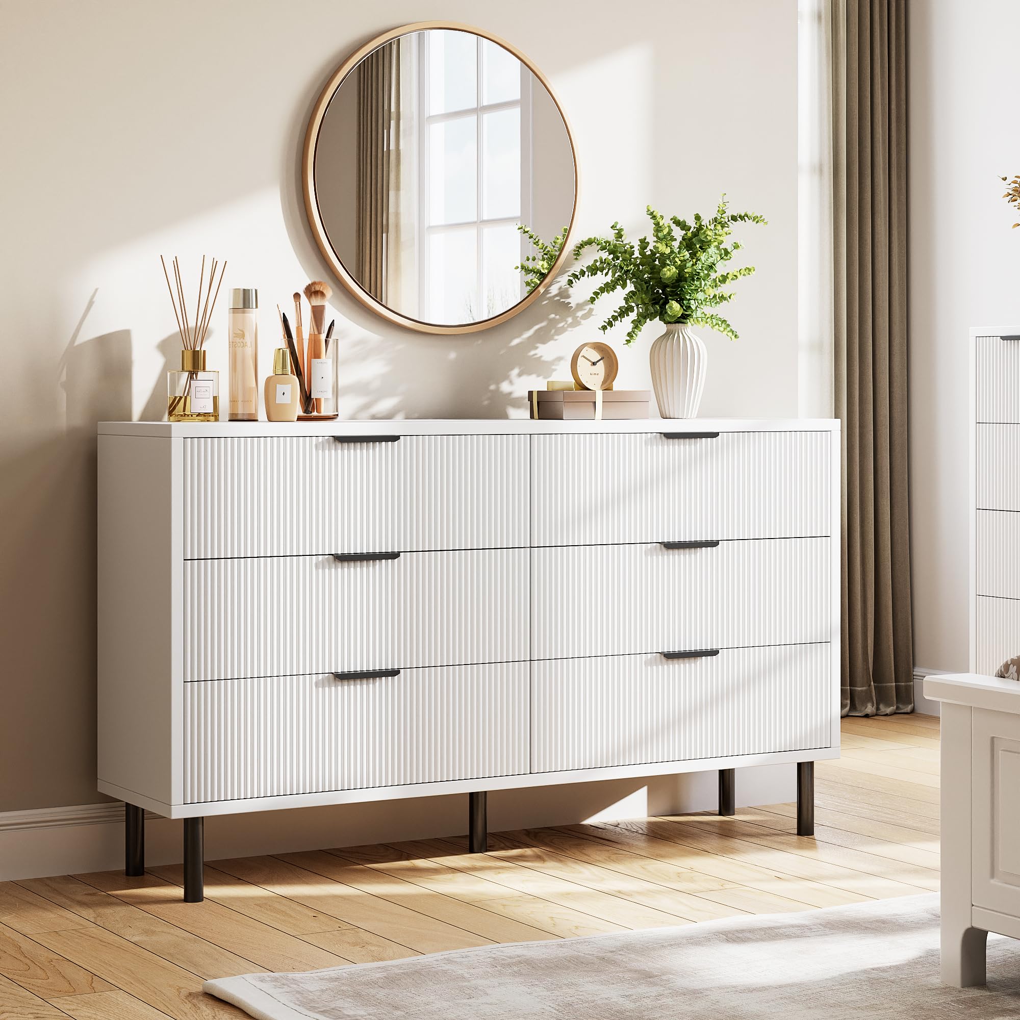 GarveeHome White Fluted 6 Drawer Dresser, Wide Wood Double Dresser with Metal Legs and Handles, Modern Chest of Drawers with Anti-Tipping Design for