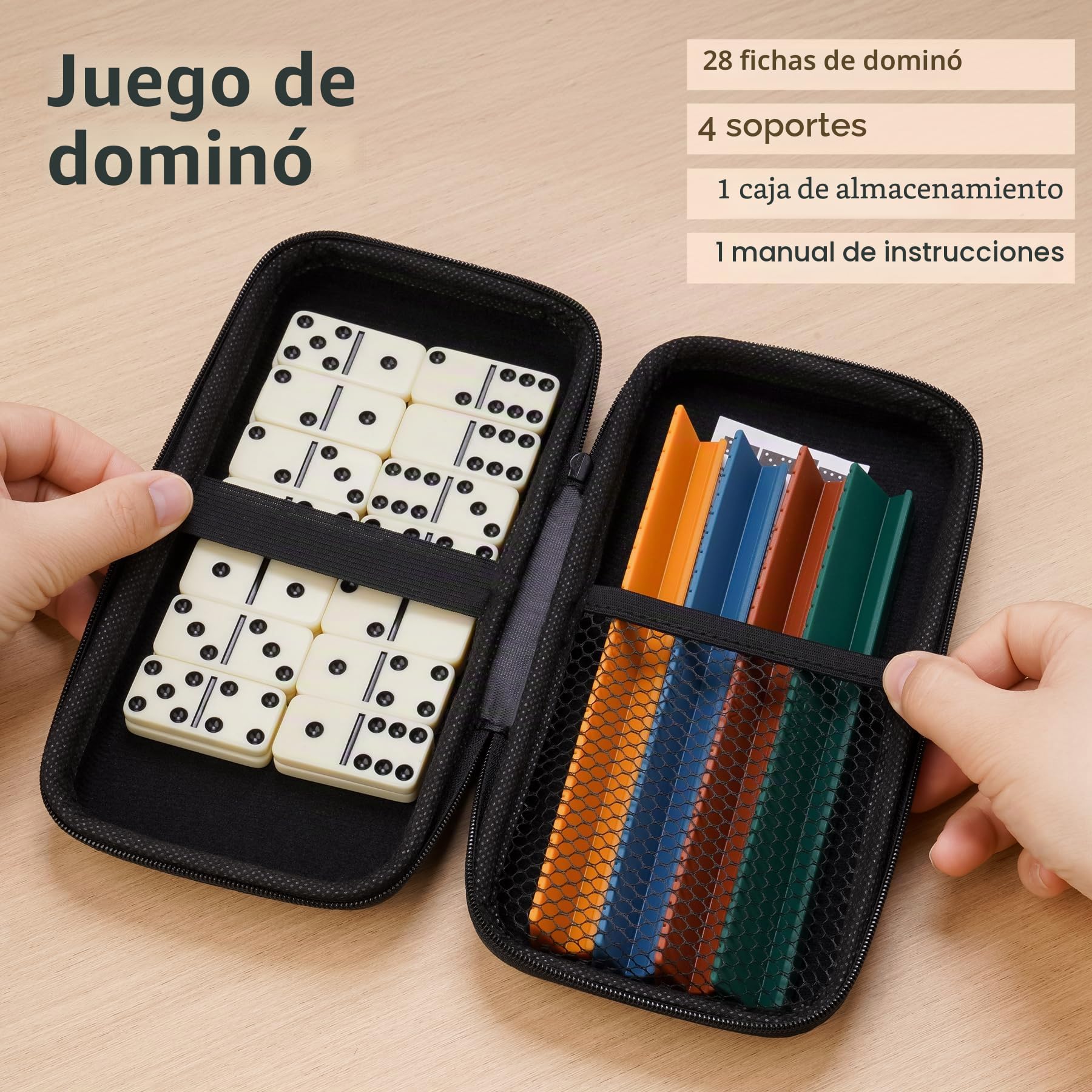 Juego de dominó para adultos, doble 6 fichas de dominó con 28 piedras (4 x 2 x 0,5 cm) y 4 soportes de silicona para dominó (16 x 1,7 x 1,8 cm), juego de mesa clásico con bolsa de transporte para