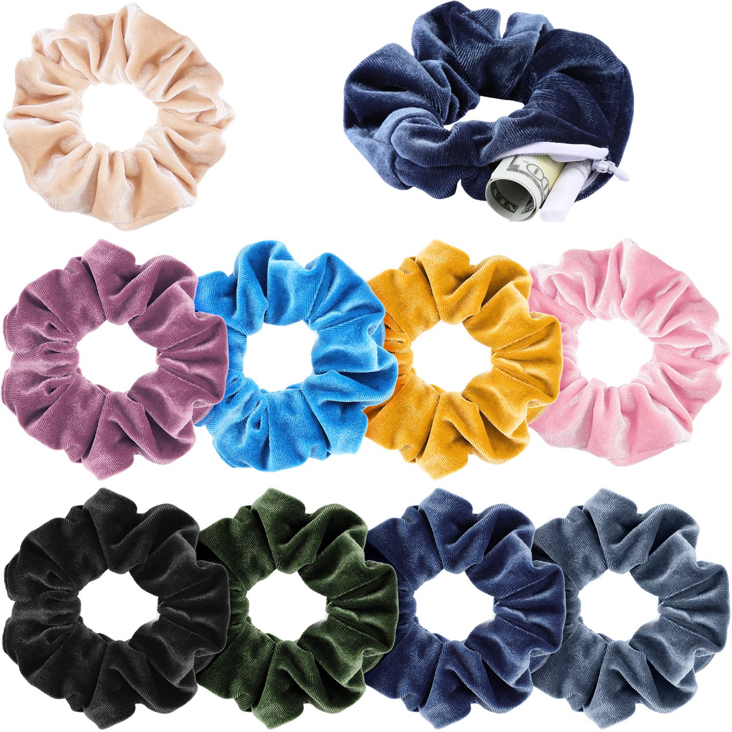 9 Pieces Velvet Pocket Hair Scrunchies Elastic Hidden Pocket Hair Ties Colorful Hair Bands with Zipper Pocket for Women Girls Gift Hair Accessories
