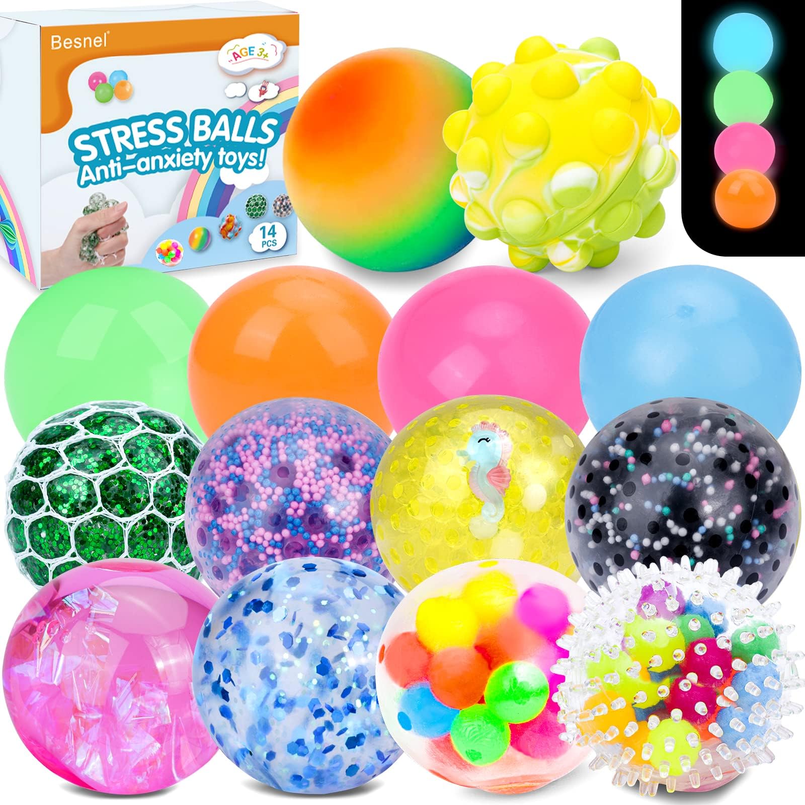 Sensory Stress Balls Set , Squishy Stress Ball,14 Pack Stress Relief Ball for Adults Autism Hyperactivity, Anxiety Relief Sensory Balls, Stress Relieve, Increase Entertainment