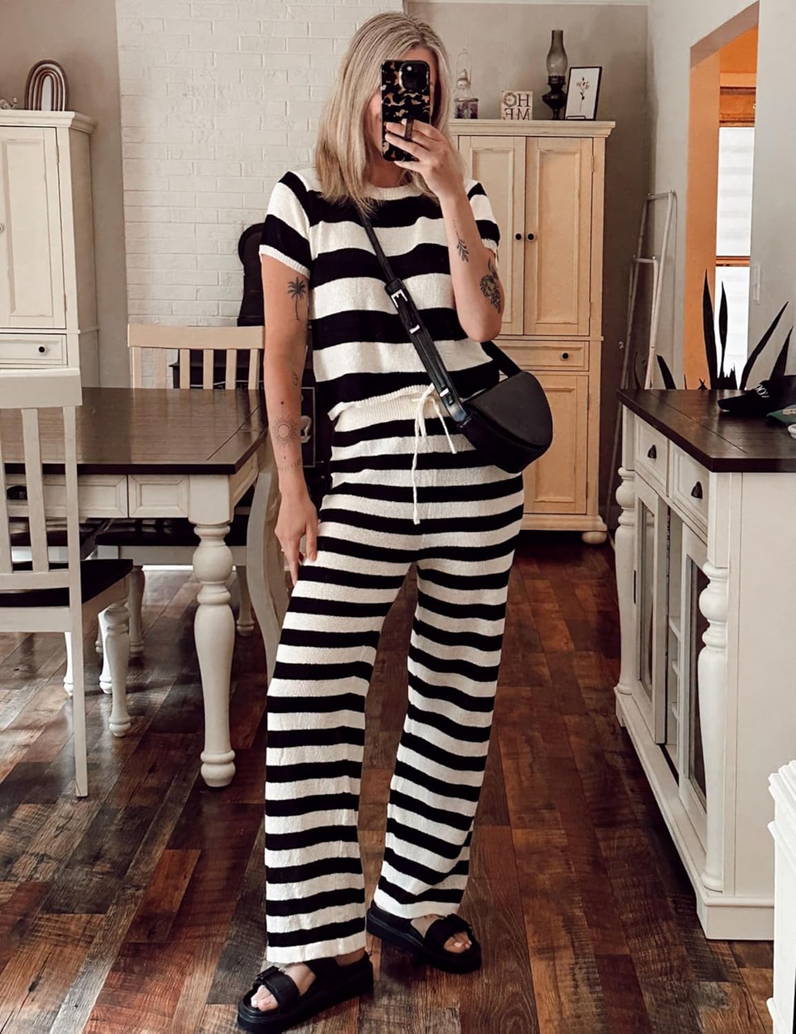 Womens Two Piece Striped Set Short Sleeve Crop Top and Wide Leg Pants Knit Matching Sets - Image 5