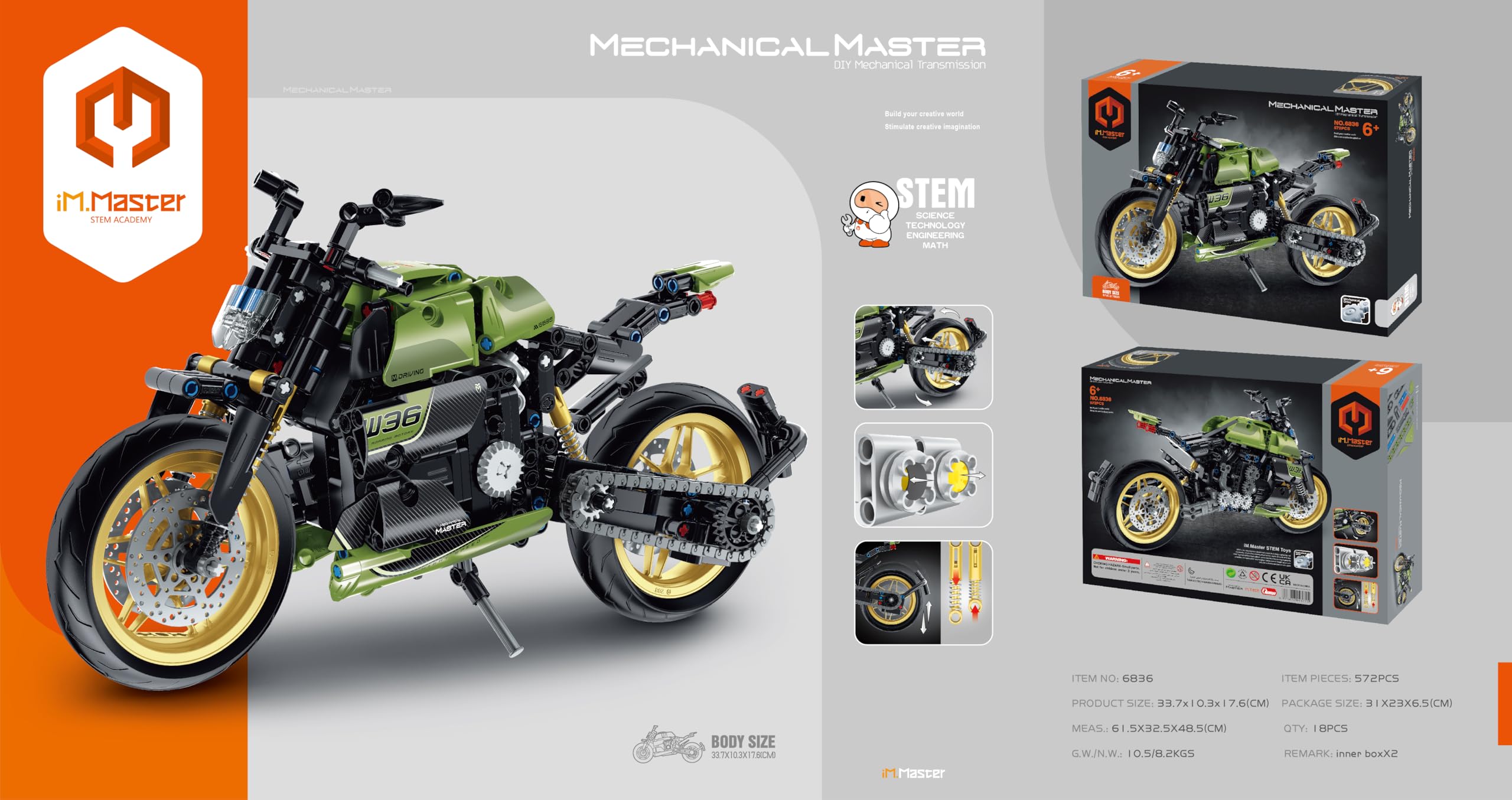 iM.Master - Maqueta Moto Deportiva Technic con Motor Mecánico Simulado y Amortiguadores - Bloques de Construcción Adultos Niños - 572 Piezas - 1:10 - Juegos Educativos Stem - Maqueta para Construir