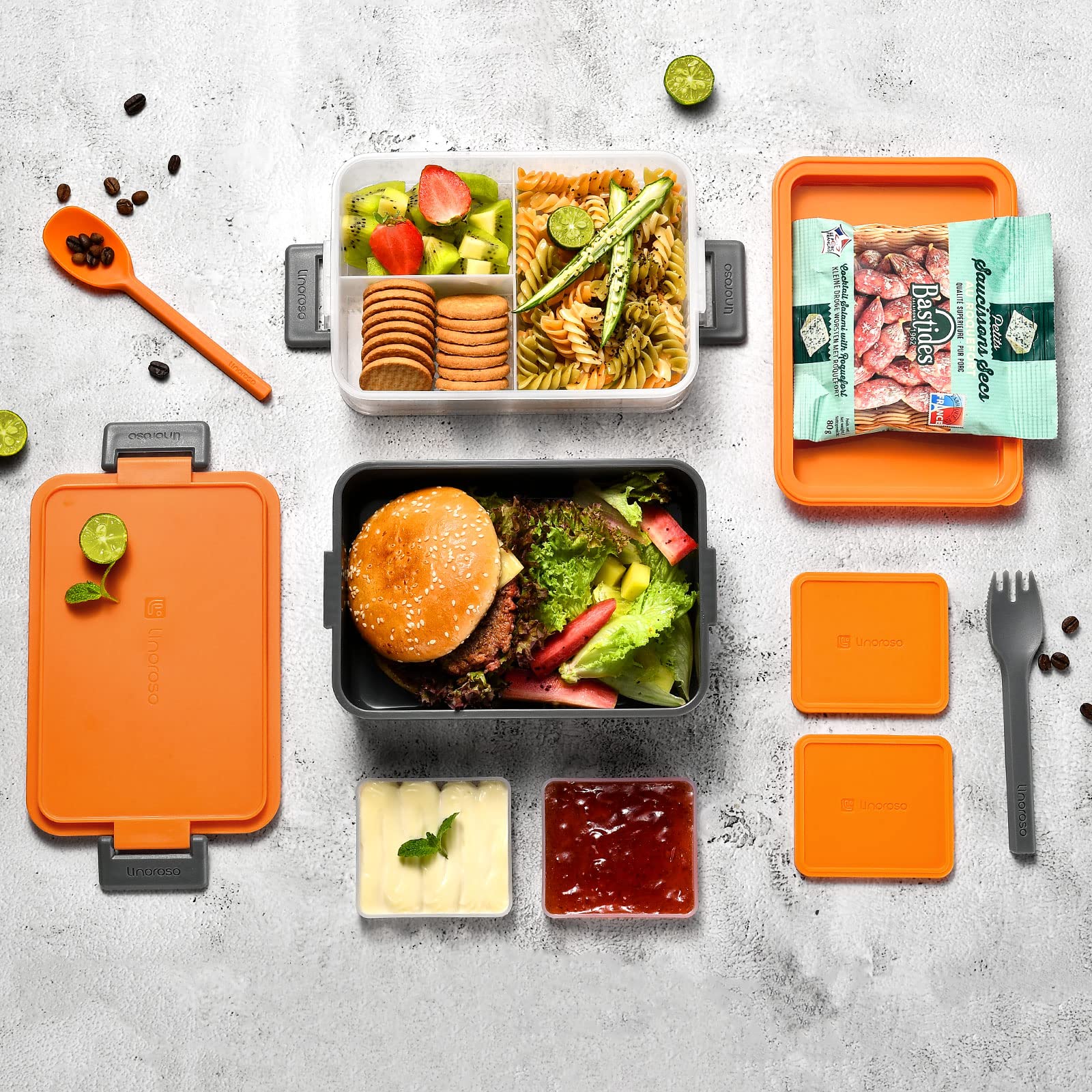 linoroso Porta Pranzo Ermetico con Posate Portapranzo con Contenitore per Salse, Lunch Box Microonde e Lavastoviglie, Bento Box Senza BPA, Schiscetta Pranzo Adatto per Ufficio Scuola - Arancione