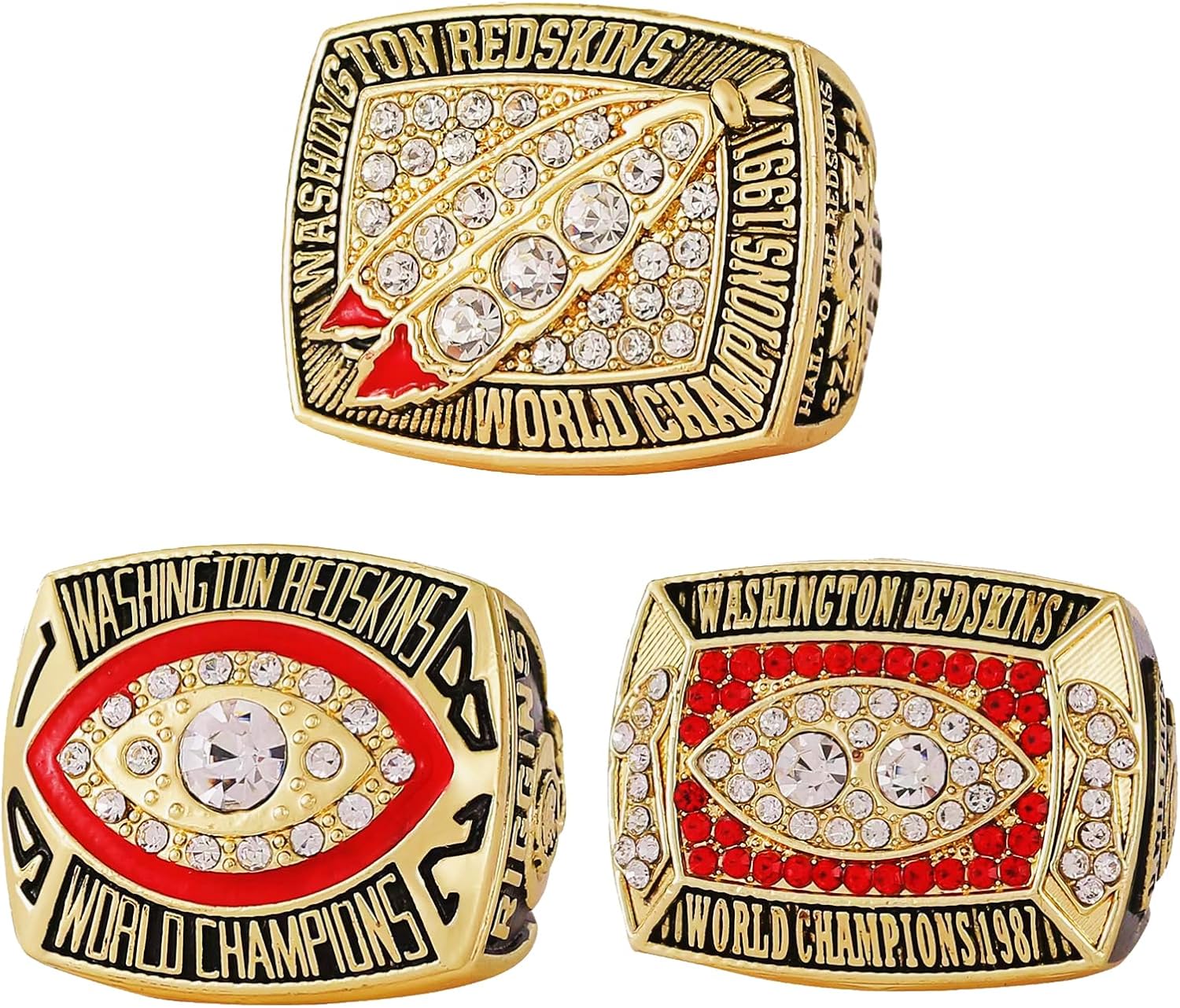 GIFT SET WST COMMEMORATIVE RINGS FOR 1982 1987 1991 3-TIMES RUGBY CHAMPIONSHIPS,WASHINGTON 3 RINGS SET WITH 3-HOLE WOODEN DISPLAY BOX PACKAGING, HOLIDAY GIFT FOR BASEBALL FANS