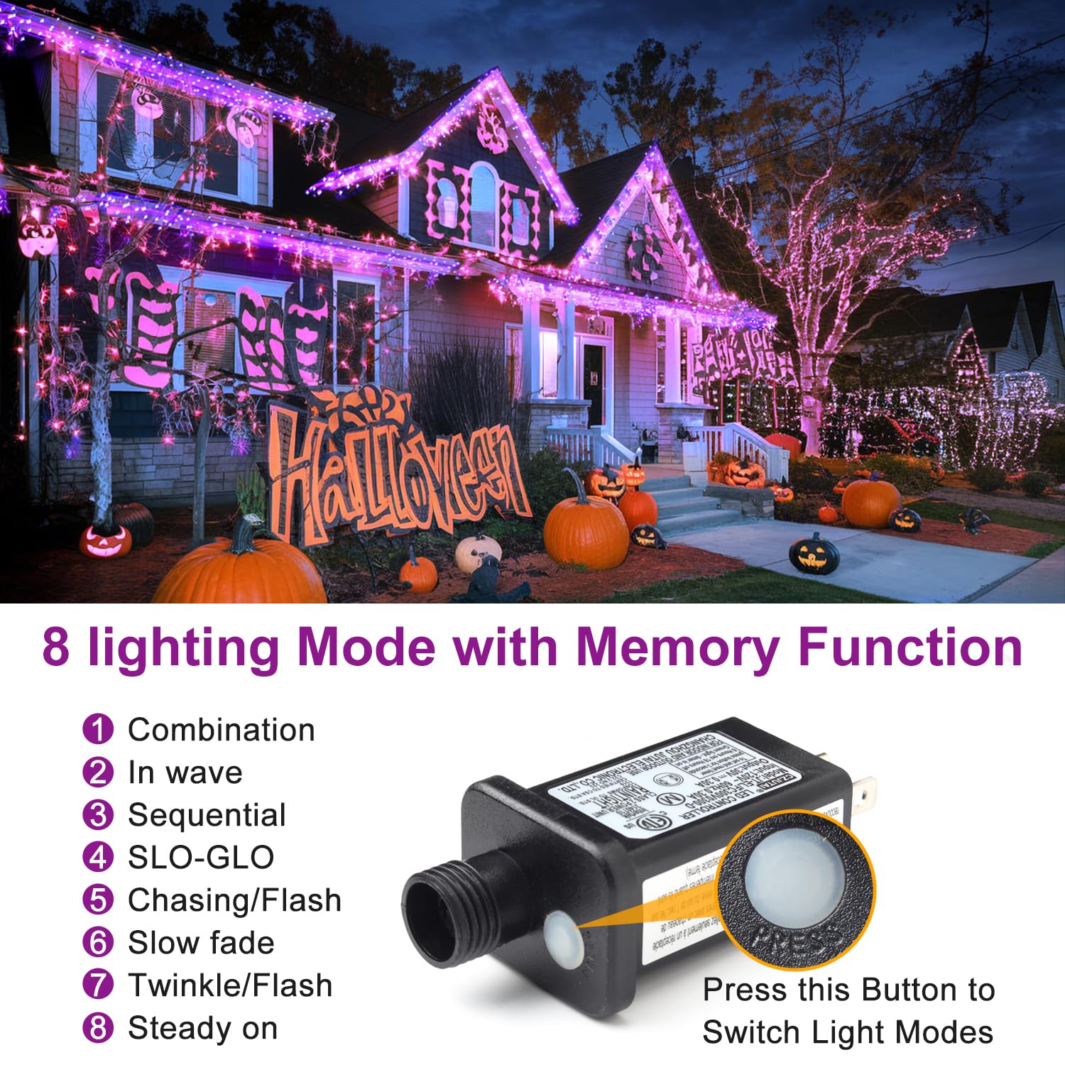 HAILI XMGQ 300 luci LED per Halloween, 300 m, per esterni, con 8 modalità di illuminazione, per Halloween, albero, feste, patio, decorazione della casa (viola arancione)