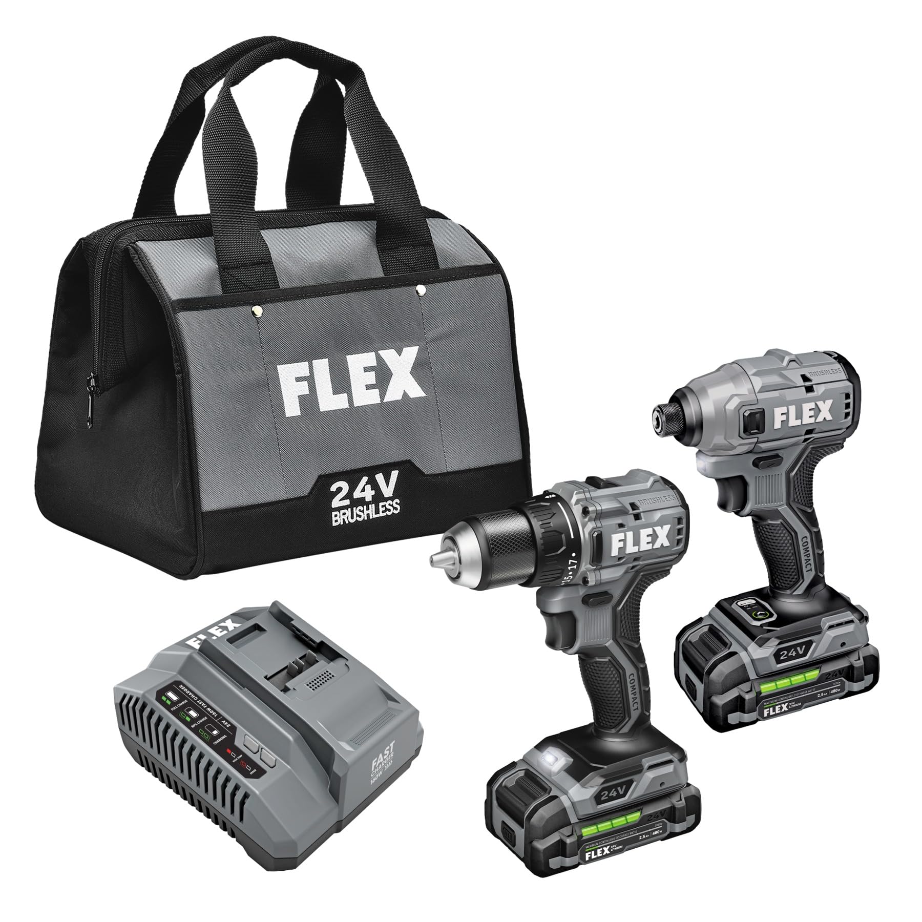 FLEX 24V Brushless Cordless 2-Tool Compact Combo Kit: 1/2-Inch 2-Speed Drill and 1/4-Inch Hex Puller with (2) 2.5Ah Lithium Batteries and 160W Fast Charger - FXM205-2A
