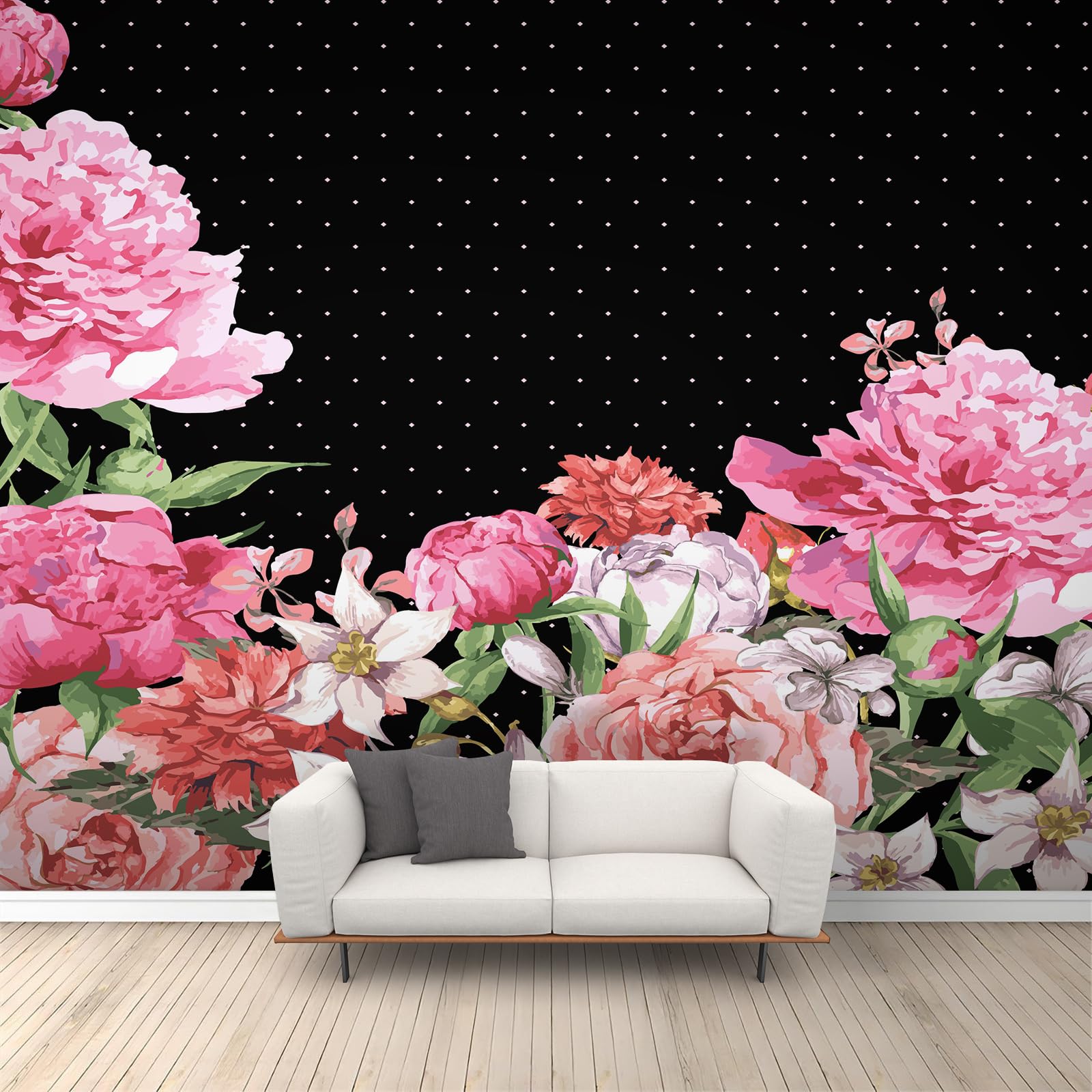 Papier peint à fleurs roses salon et chambre - Tapisserie murale grand format 450x300 cm