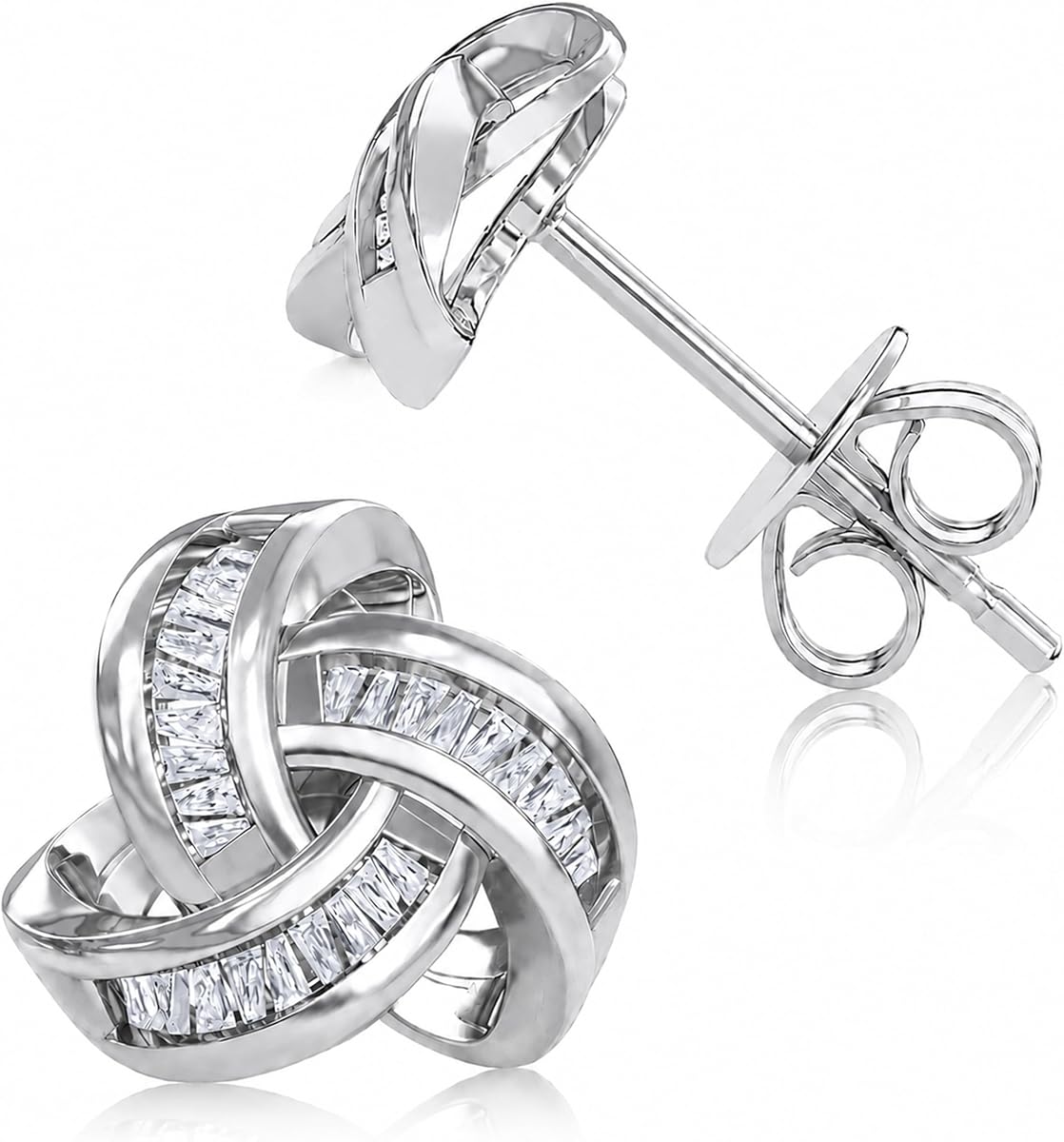 Shop LC 925 Sterling Silver Diamond Love Knot Stud Earrings for Women | I3 Diamond Baguettes, Platinum & Gold Vermeil Plated, Celtic Knot, Push Back, Fine Jewelry