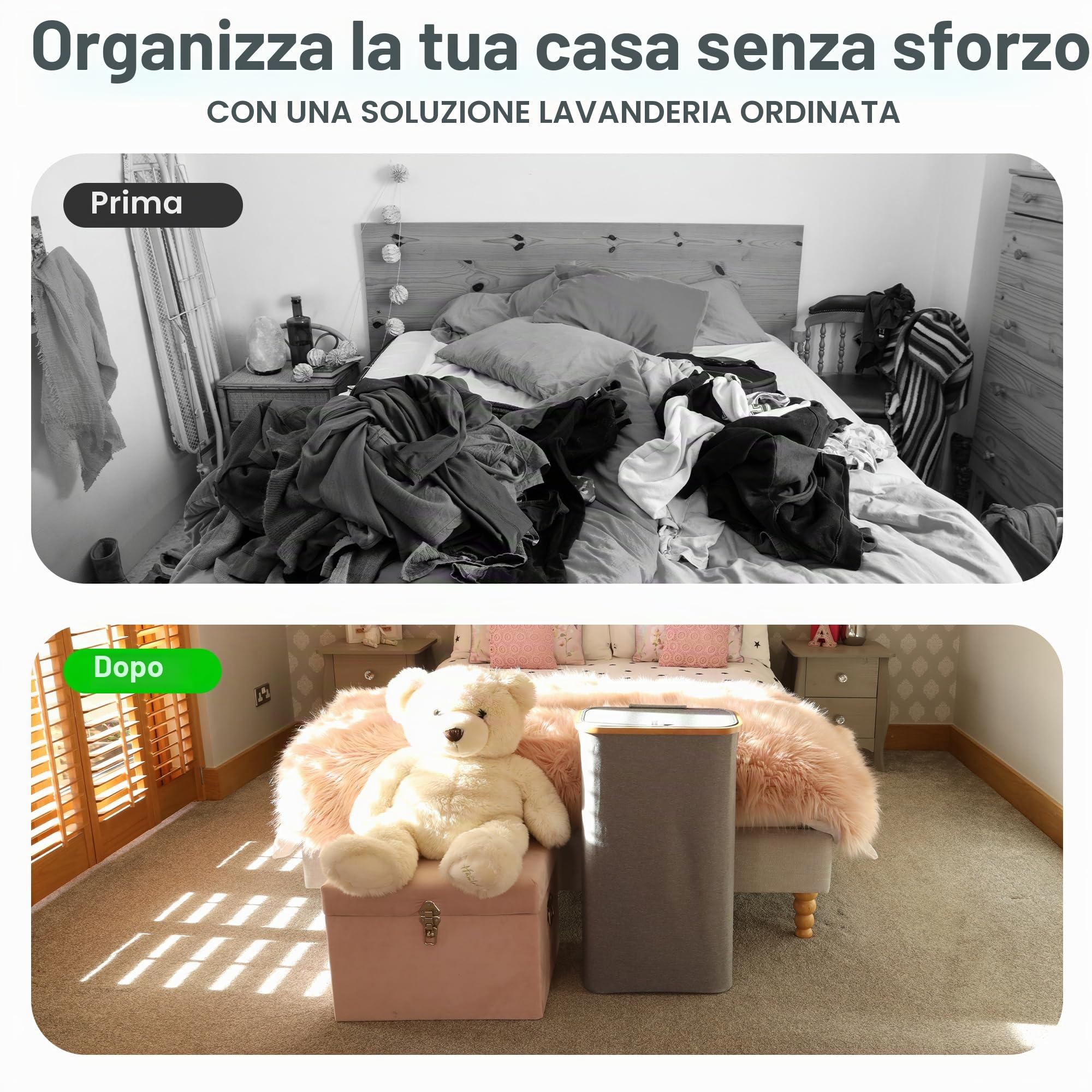 Nest Zest - Cesto portabiancheria doppio da 100L con coperchio, 2 scomparti per ordinare il bucato, cesto portabiancheria con guida per la cura e 2 sacchetti interni rimovibili, cesto per vestiti