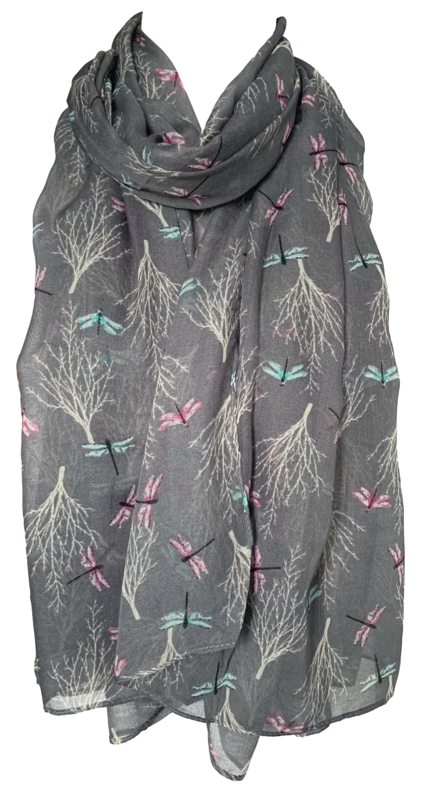 Purple Possum Women's Grey, Light Grey, Gray, Pale Grey Purple Possum® Grey Scarf Dragonfly Pink Turquoise Blue Dragonflies Lightweight Wrap Shawl