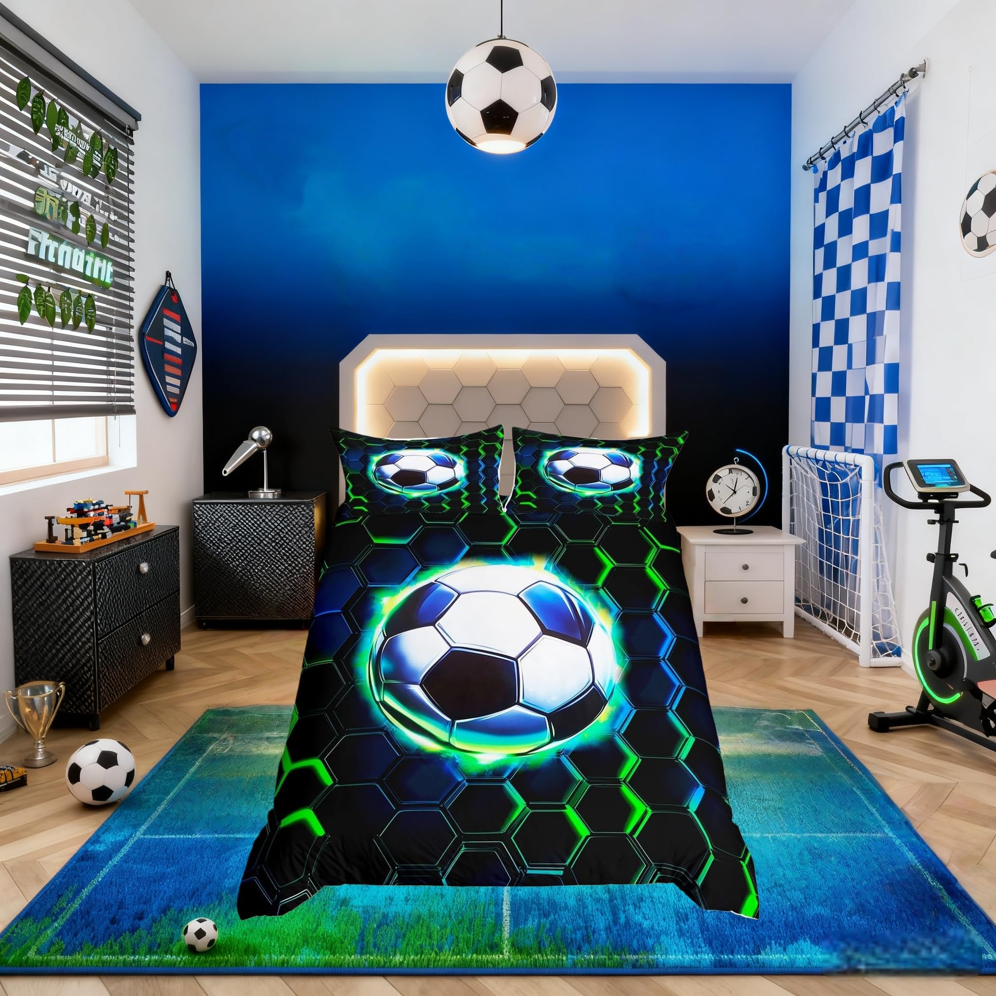 Manfei Football Duvet Cover Set Full Size,Soccer Game Ball Sports Kids Bedding Set,Geometric Honeycomb Hexagon Room Decor,Black Green Quilt Cover,2 Pillowcases(No Comforter)