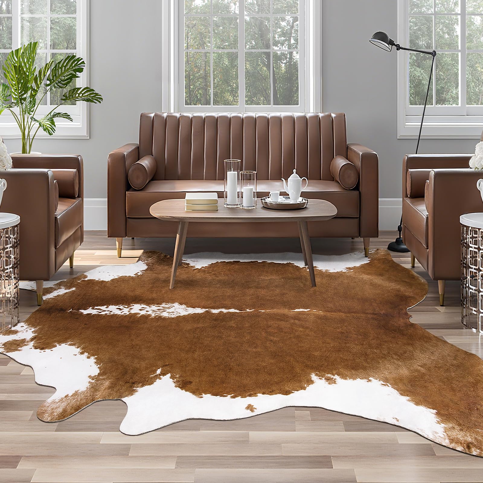 AROGAN Faux Cow Print Rug Large (6ft x 7ft) - Cow Print Area Rug with No-Slip Backing, Large Animal Skin Rugs for Living Room, Offfice, Room Decor, Brown