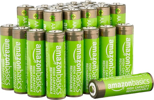 Amazon Basics 24-Pack Rechargeable AA NiMH High-Capacity Batteries, 2400 mAh, Recharge up to 400x Times, Pre-Charged