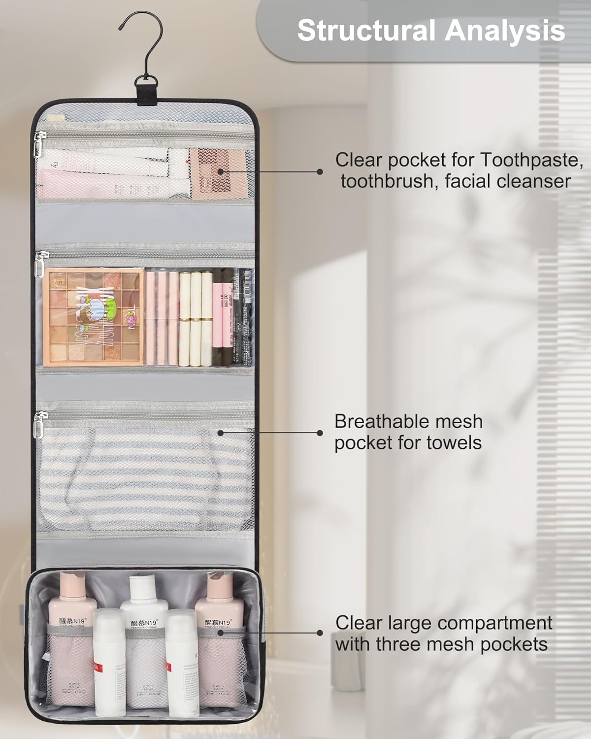 Relavel Travel Hanging Toiletry Bag for Men Women Travel Kit Shaving Bag Waterproof Large Makeup Bag Wash Bag Makeup Organizer Cosmetic Case for Bathroom Shower Black - Image 7