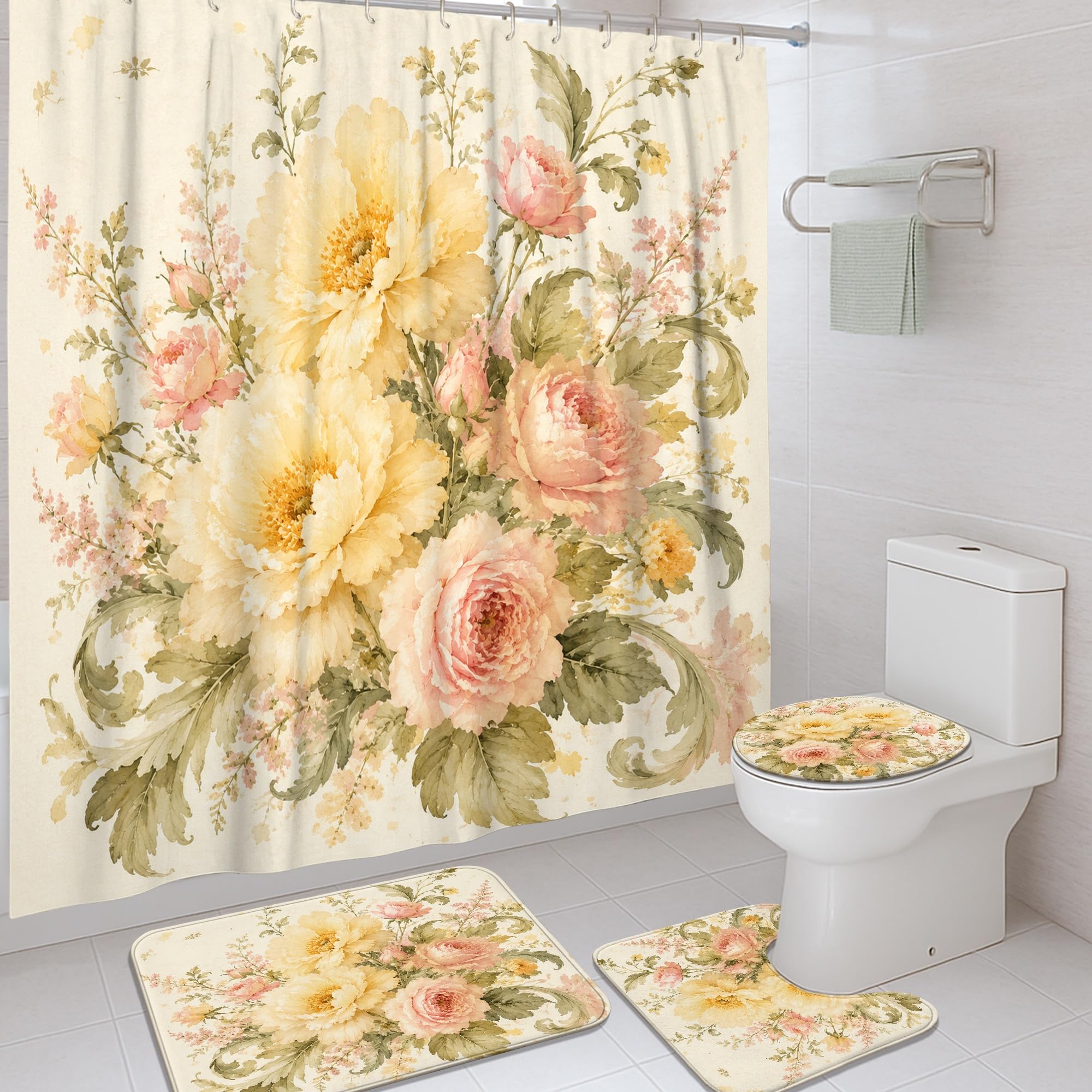 Rideau de douche vintage pivoine et tapis pour sublimer votre chambre d'amis